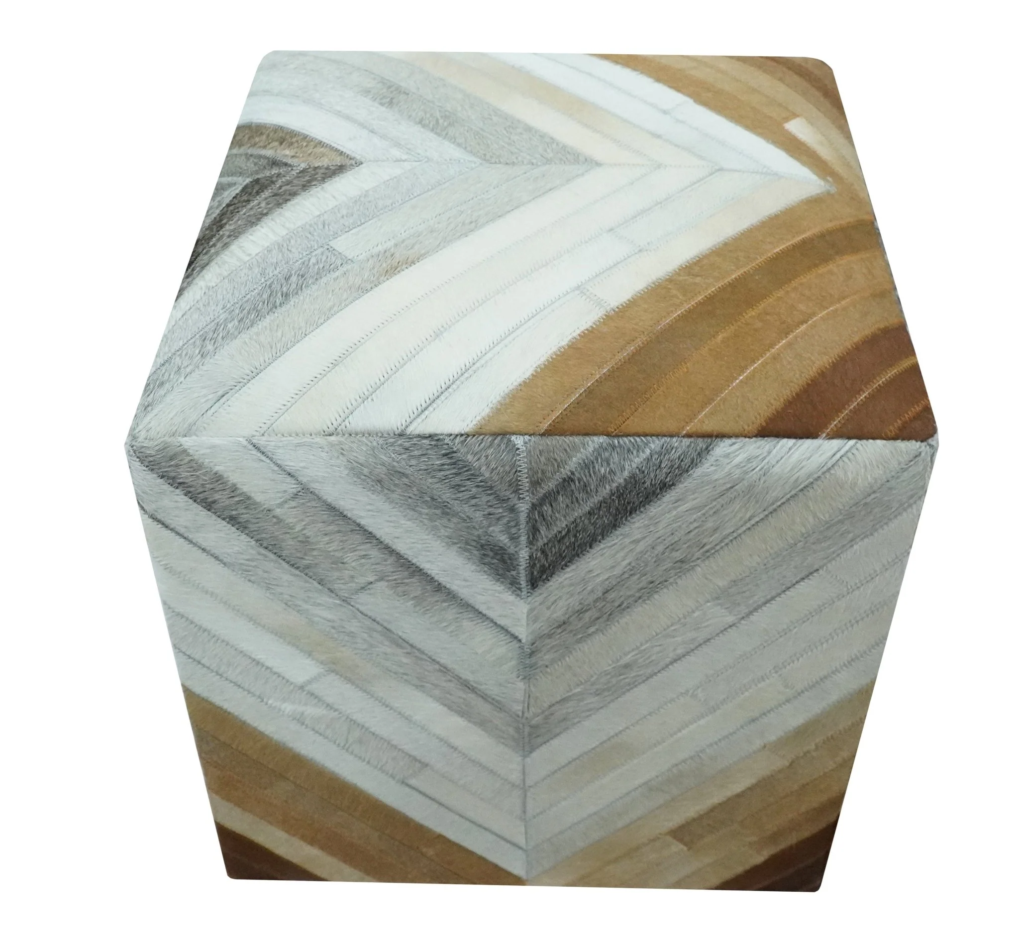 Genuine Leather Pouf Gray and Brown Modern Stripes Design - Image 3