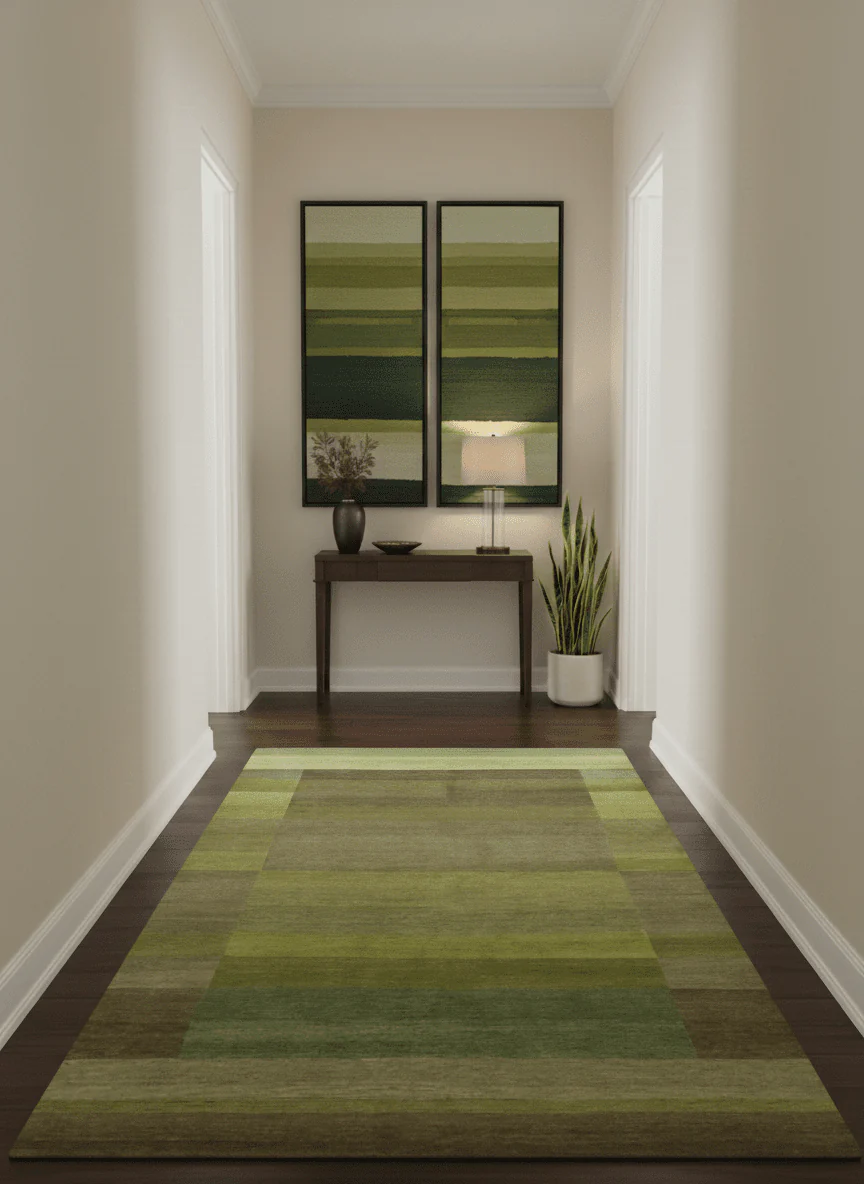 Shades of Green Modern Geometrical Stripes Design Hand loom 5x8 wool Area rug - Image 2