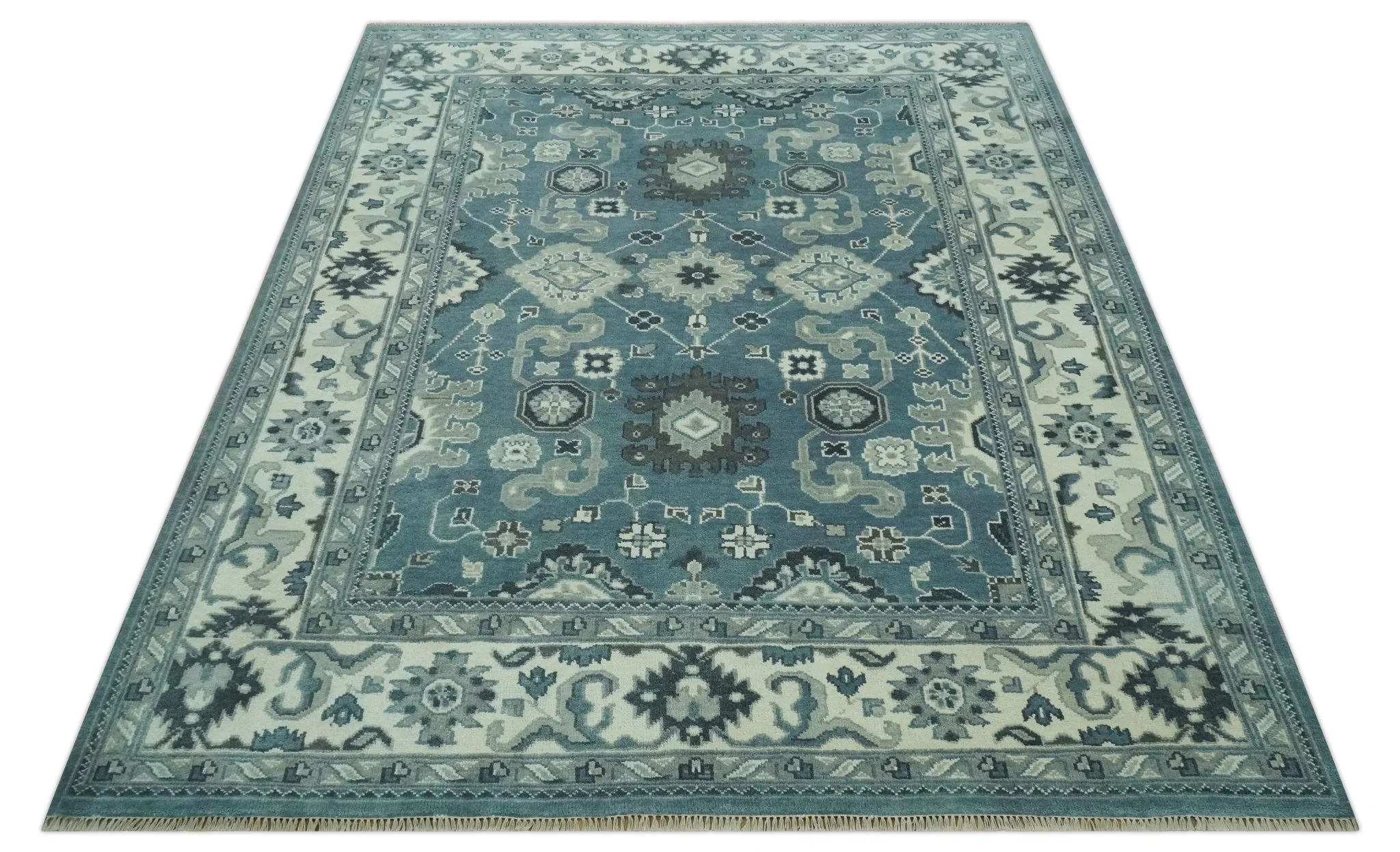 Antique look Shades of Teal and Ivory Traditional Oriental Oushak wool rug - Image 10