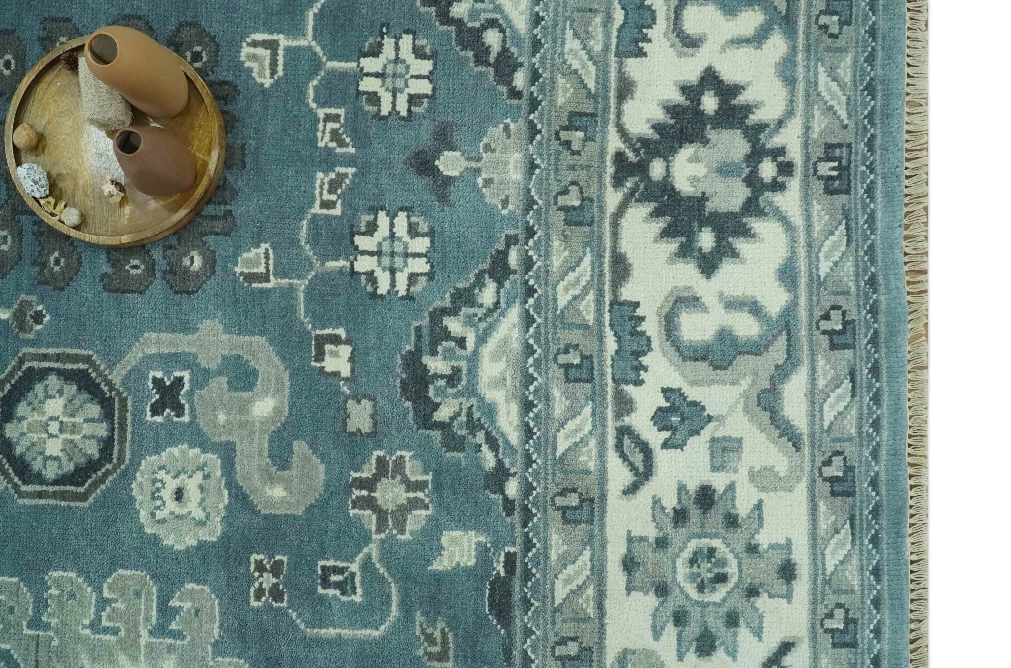 Antique look Shades of Teal and Ivory Traditional Oriental Oushak wool rug - Image 11