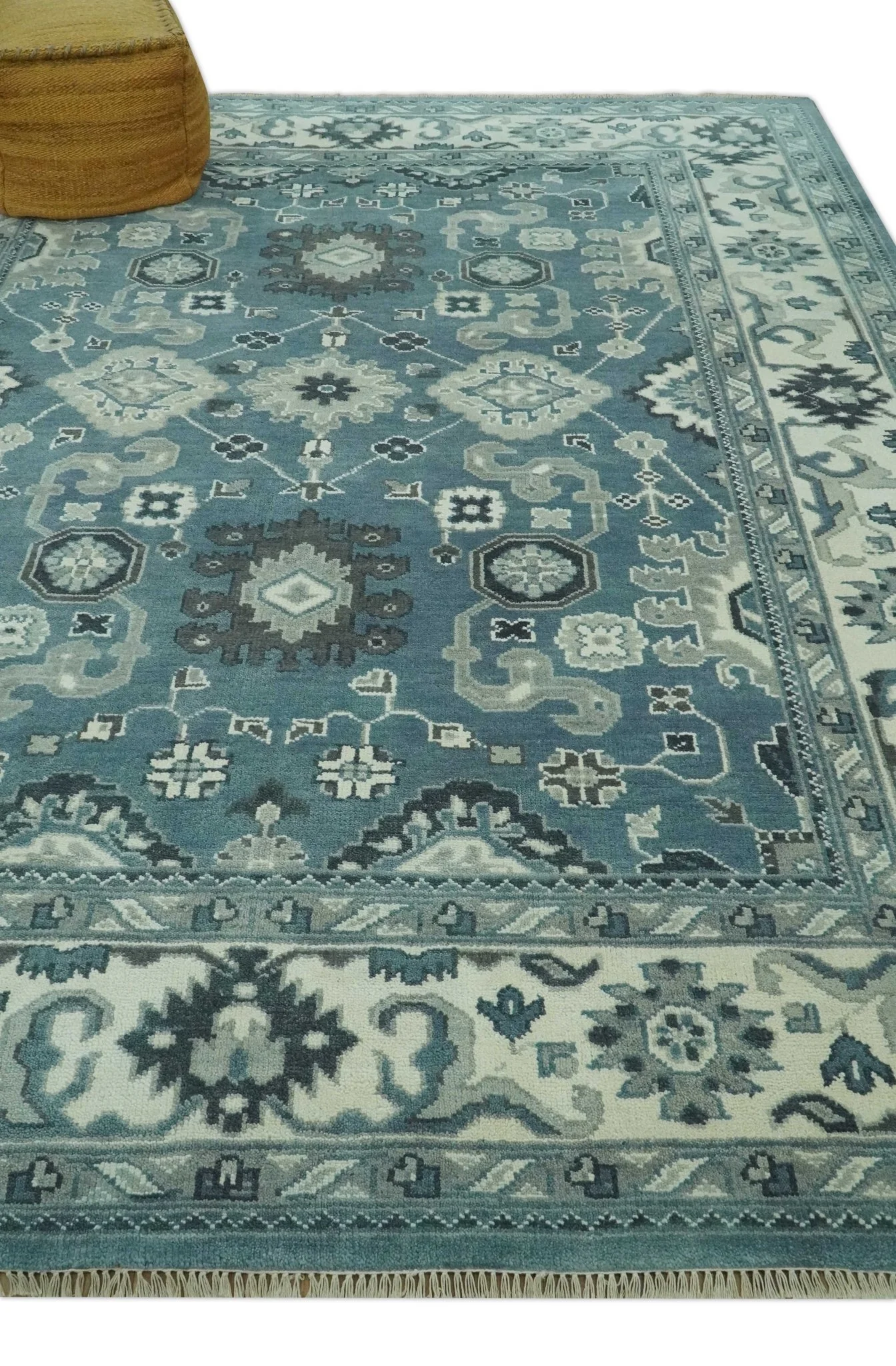 Antique look Shades of Teal and Ivory Traditional Oriental Oushak wool rug - Image 3