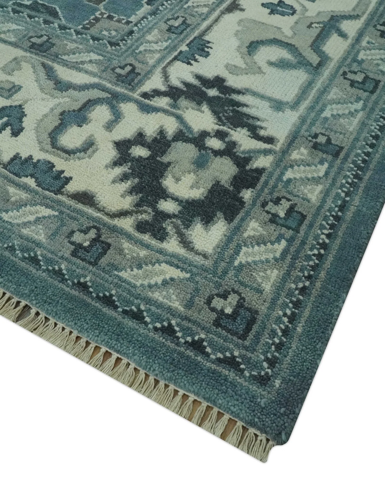 Antique look Shades of Teal and Ivory Traditional Oriental Oushak wool rug - Image 5