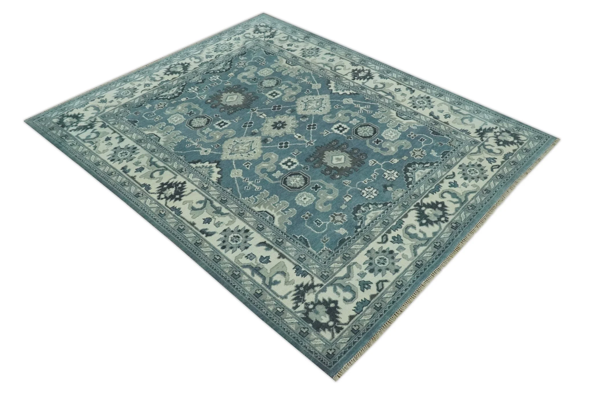 Antique look Shades of Teal and Ivory Traditional Oriental Oushak wool rug - Image 9