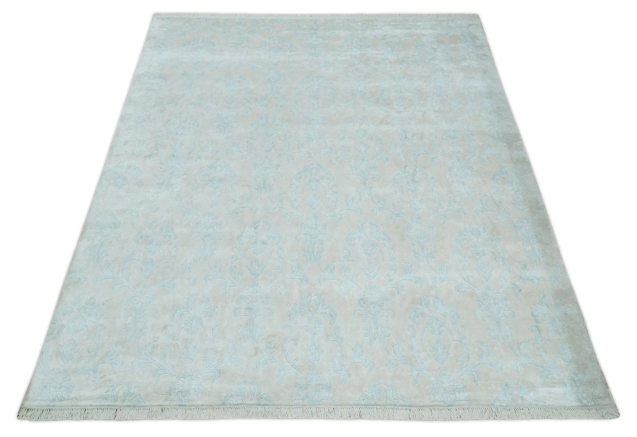 Silky 8x10 Silver and Aqua Handmade Floral Design Art Silk  Area Rug - Image 10