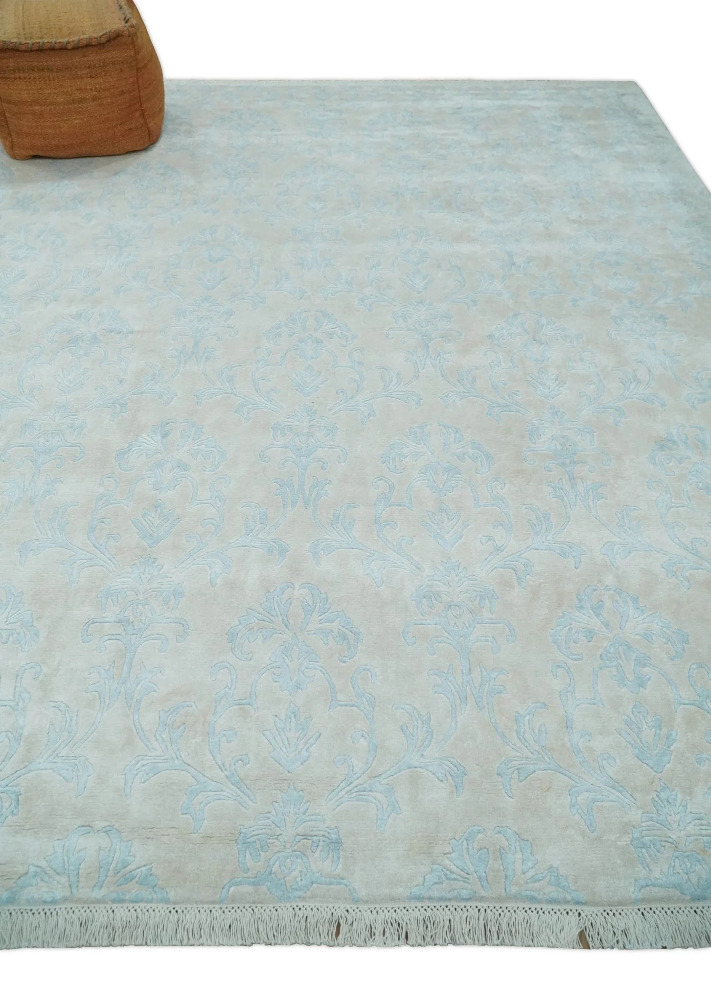 Silky 8x10 Silver and Aqua Handmade Floral Design Art Silk  Area Rug - Image 3