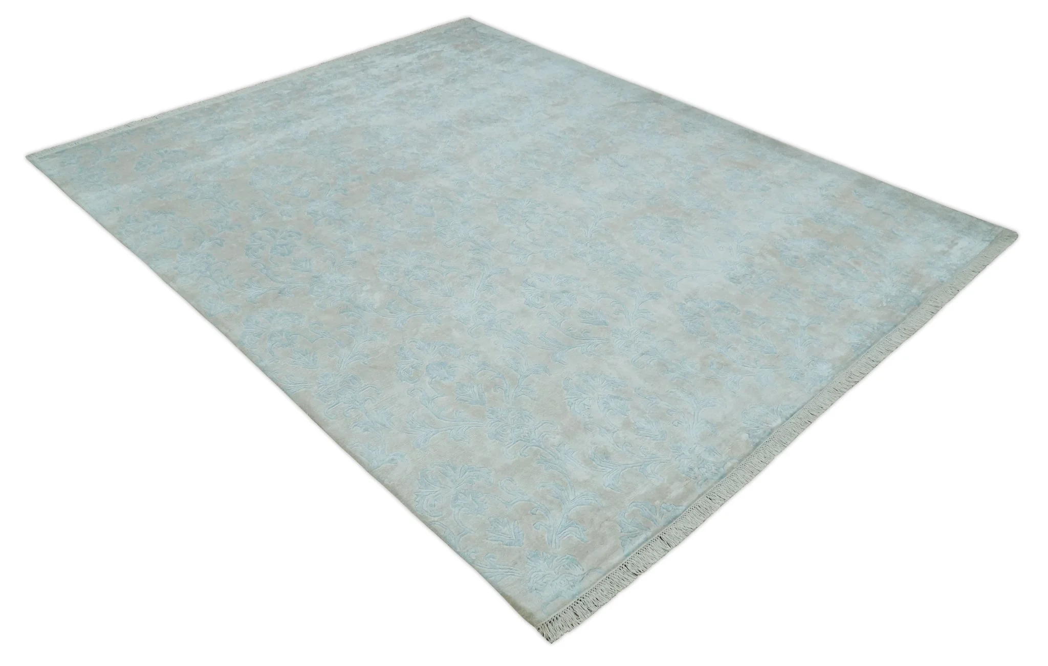 Silky 8x10 Silver and Aqua Handmade Floral Design Art Silk  Area Rug - Image 9