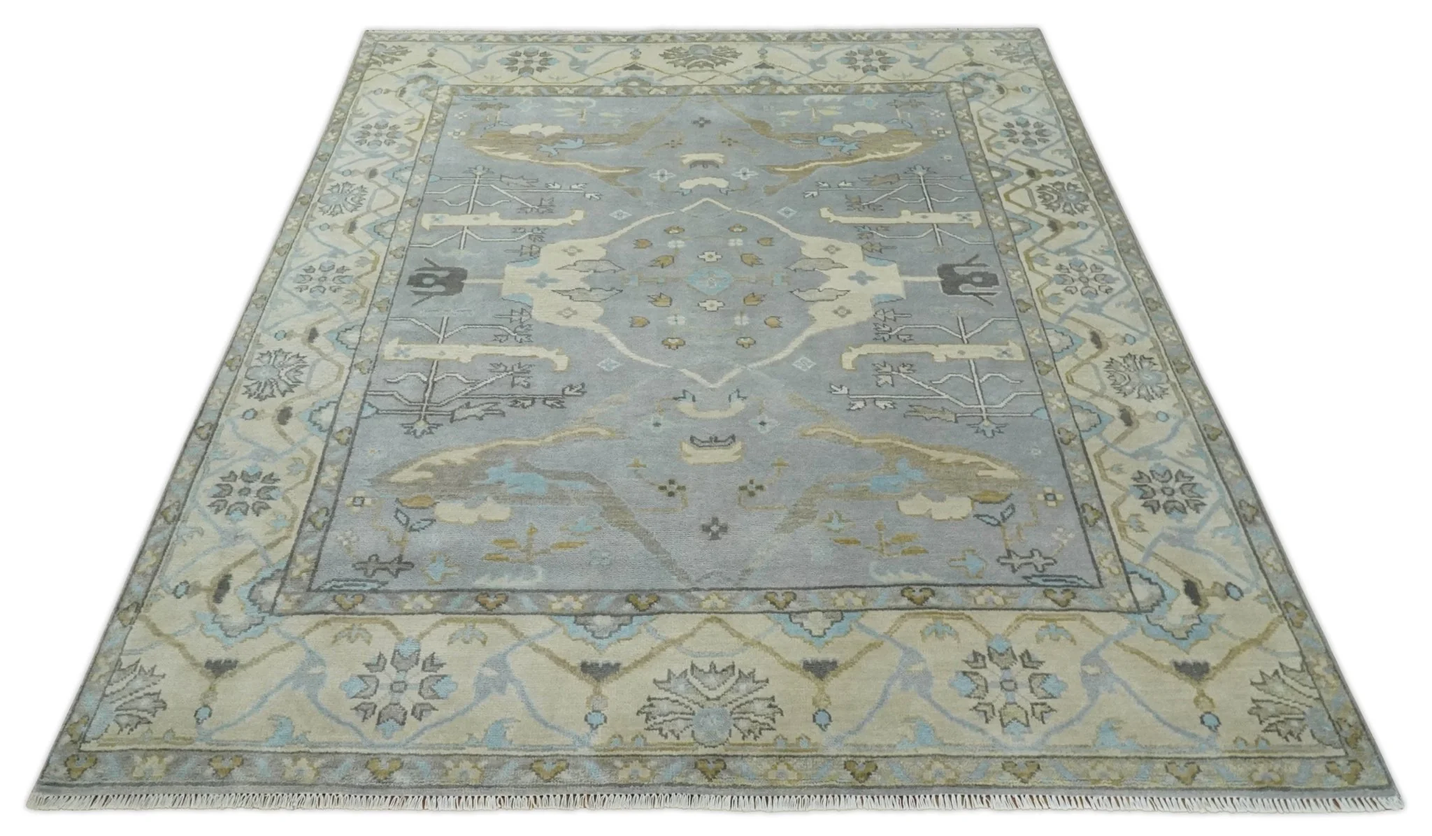 Silver and Beige Hand Knotted 8x10 Oriental Oushak Wool Area Rug, Living Room Rug | TRDCP1152810 - Image 10
