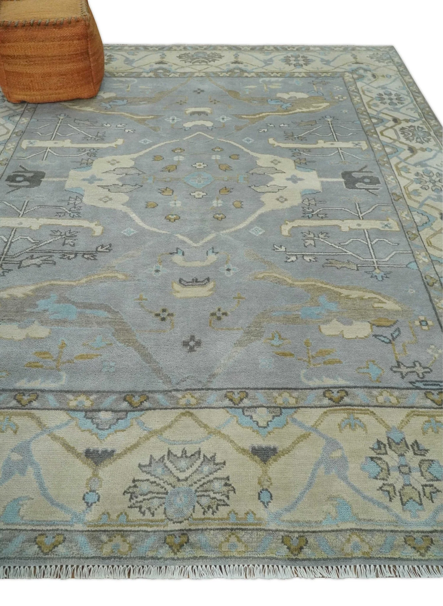 Silver and Beige Hand Knotted 8x10 Oriental Oushak Wool Area Rug, Living Room Rug | TRDCP1152810 - Image 3