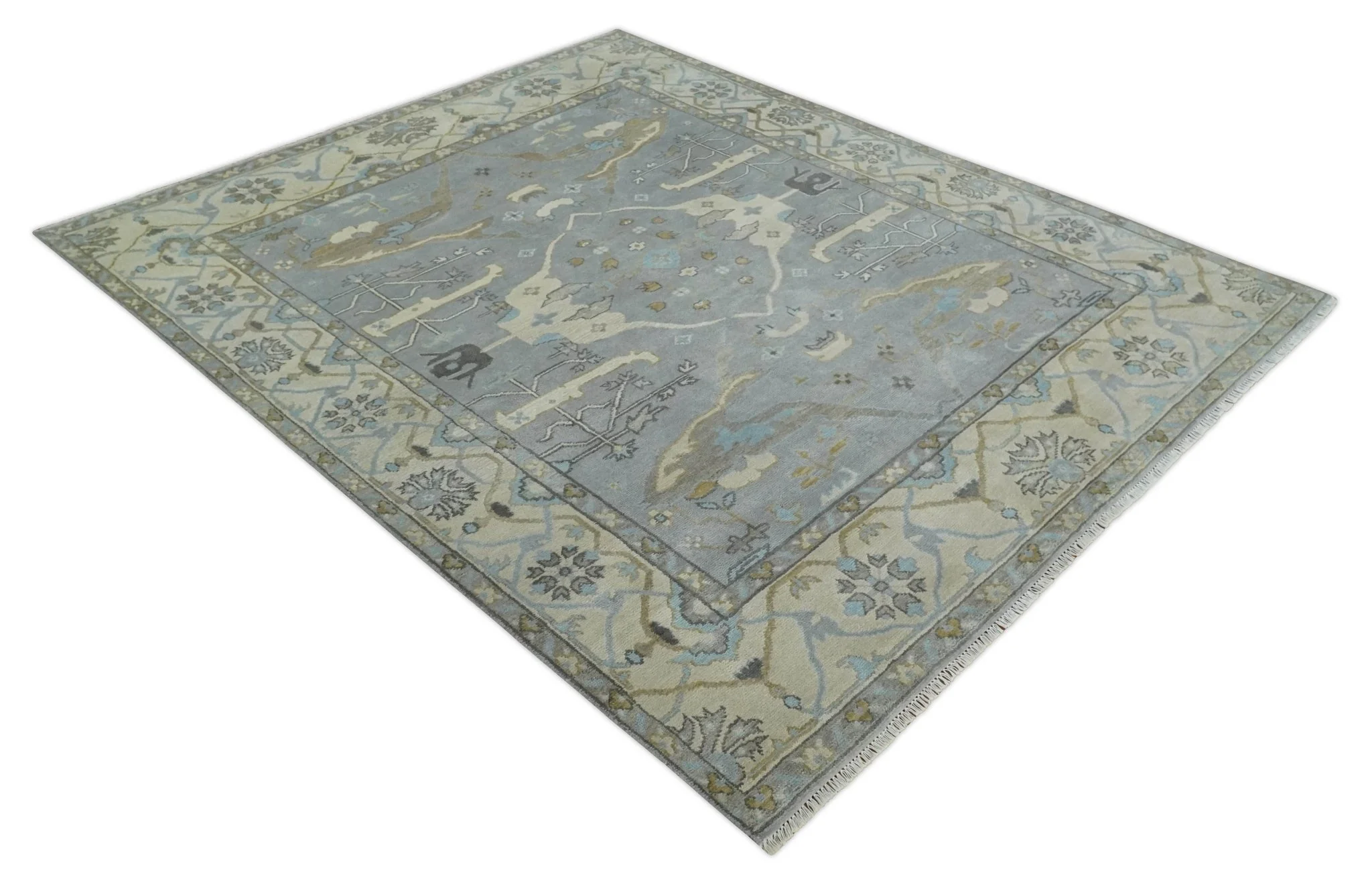 Silver and Beige Hand Knotted 8x10 Oriental Oushak Wool Area Rug, Living Room Rug | TRDCP1152810 - Image 9