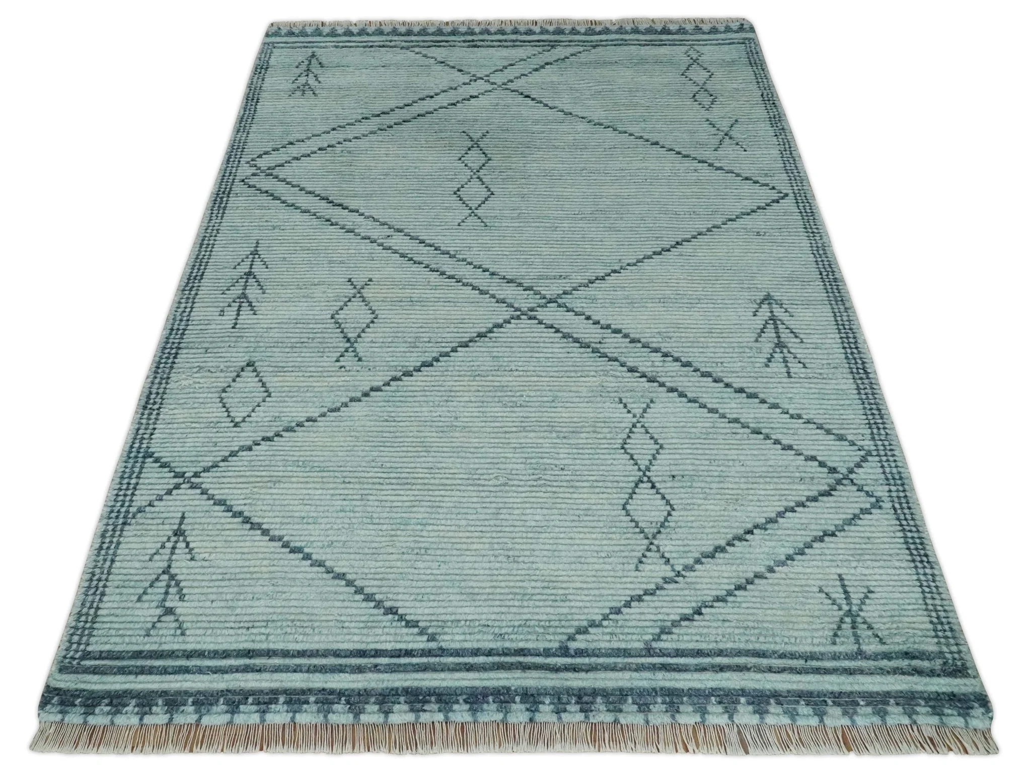 Custom Made Hand Woven Silver and Blue Abstract Trellis Moroccan Rug Made with Blended Wool - Image 10
