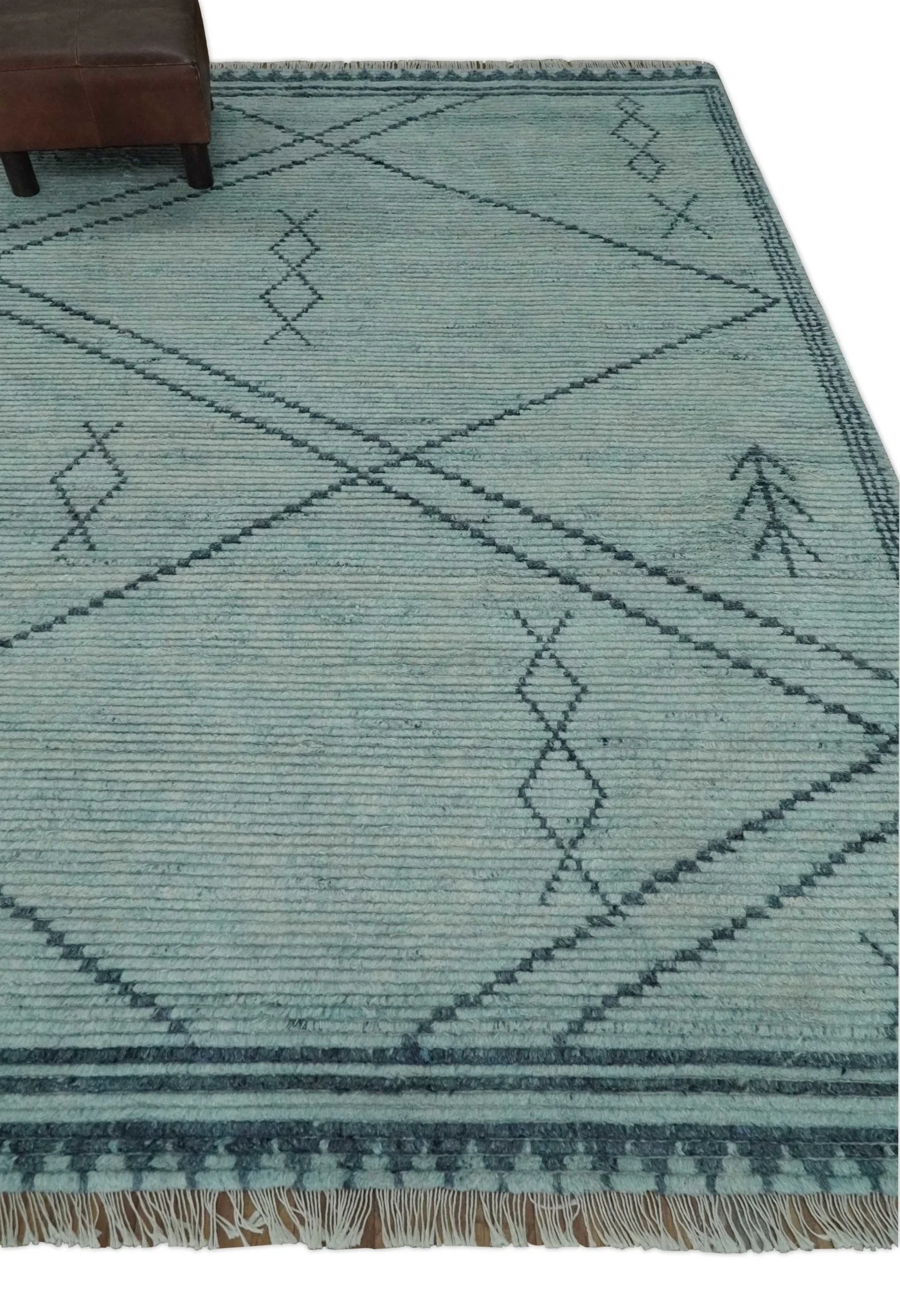 Custom Made Hand Woven Silver and Blue Abstract Trellis Moroccan Rug Made with Blended Wool - Image 3
