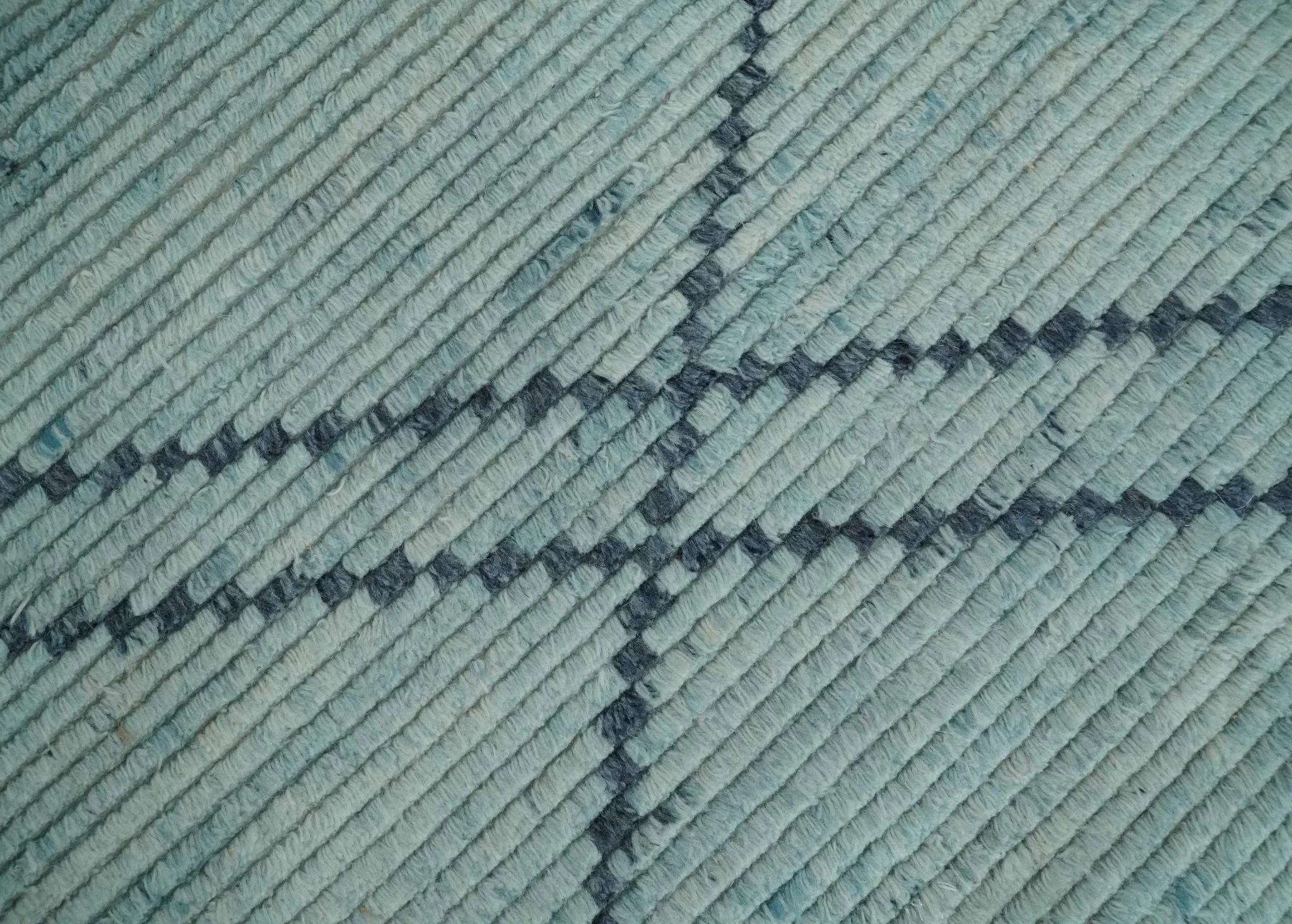 Custom Made Hand Woven Silver and Blue Abstract Trellis Moroccan Rug Made with Blended Wool - Image 4