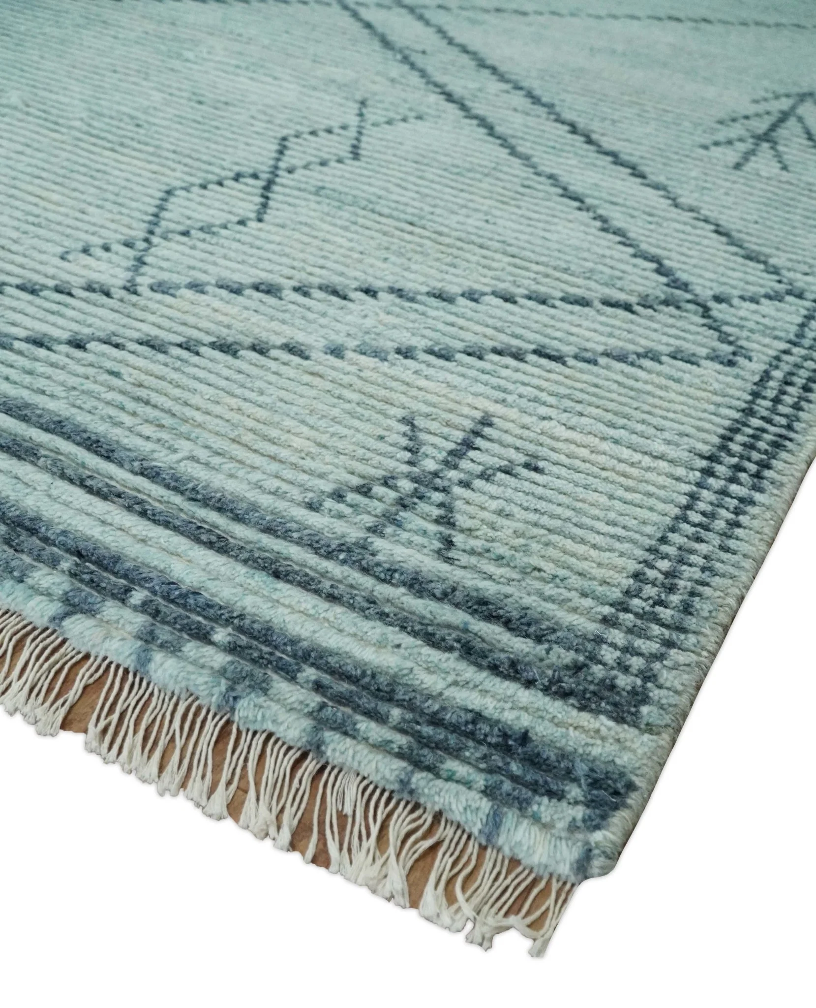 Custom Made Hand Woven Silver and Blue Abstract Trellis Moroccan Rug Made with Blended Wool - Image 5