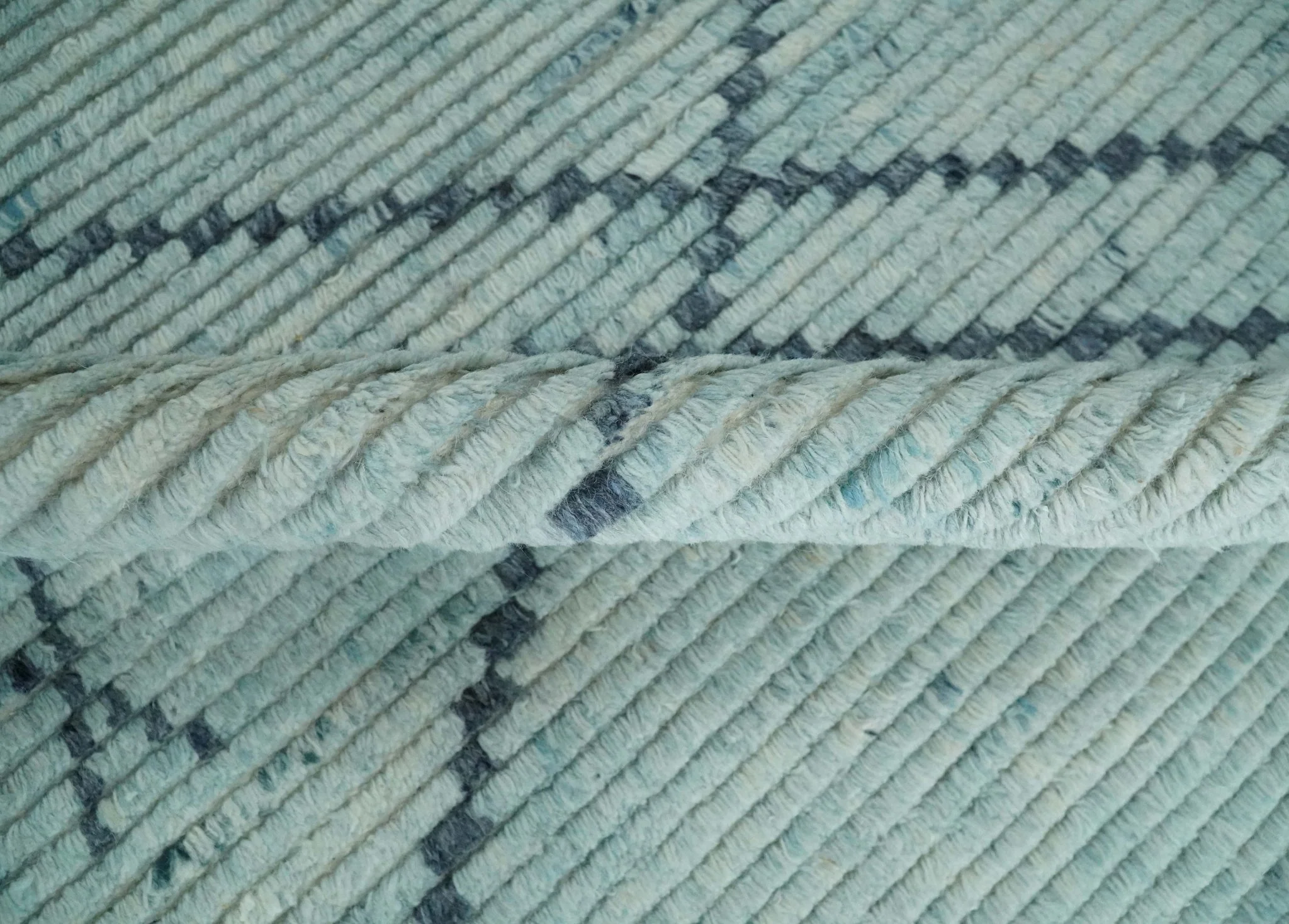 Custom Made Hand Woven Silver and Blue Abstract Trellis Moroccan Rug Made with Blended Wool - Image 7