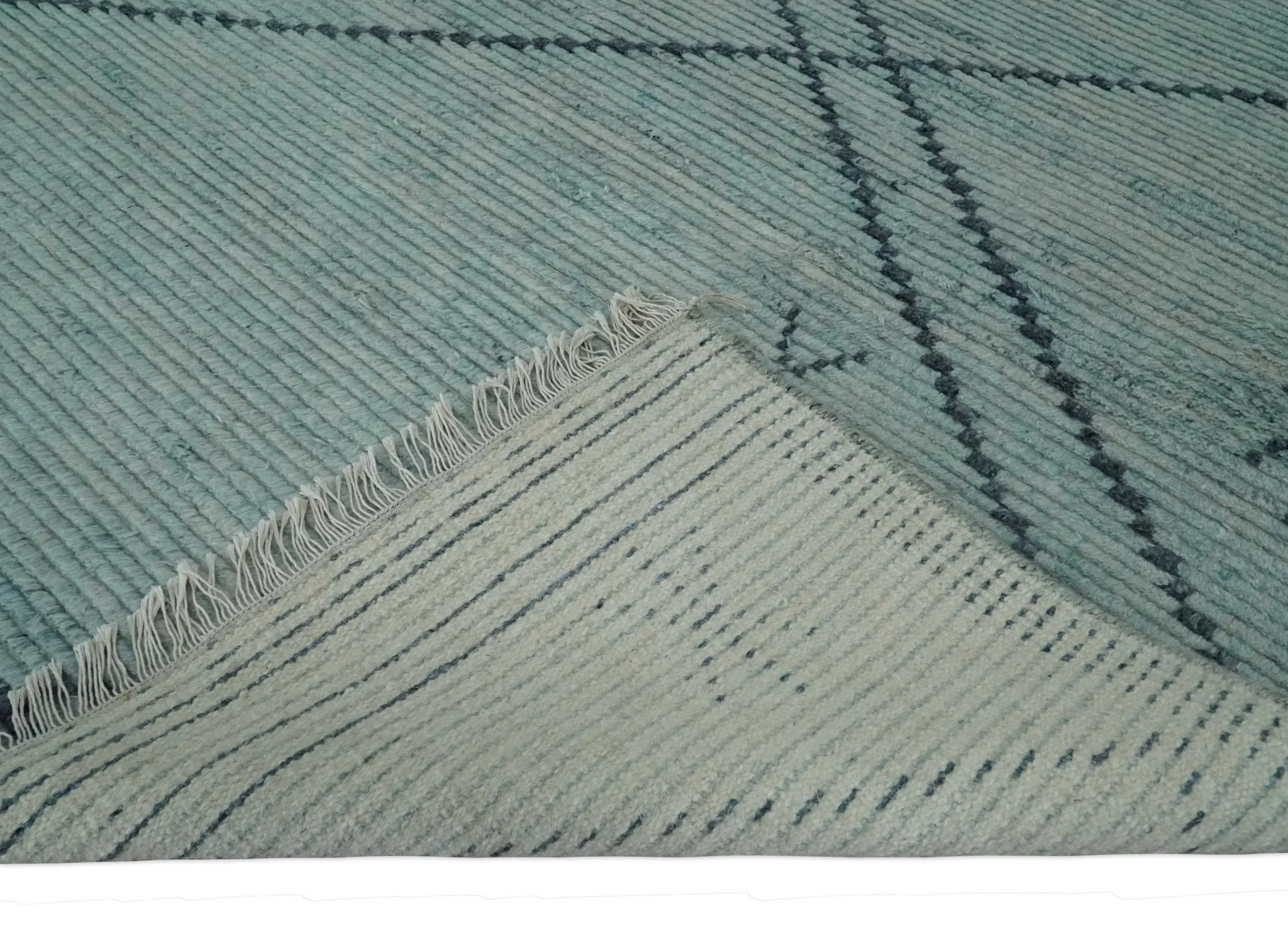 Custom Made Hand Woven Silver and Blue Abstract Trellis Moroccan Rug Made with Blended Wool - Image 8