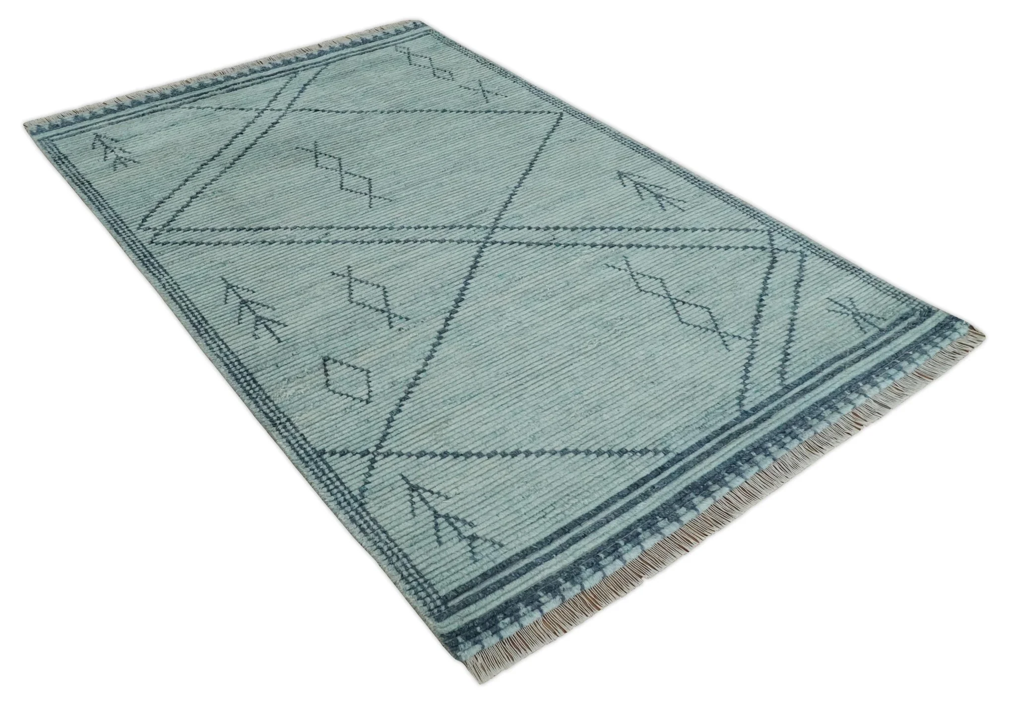 Custom Made Hand Woven Silver and Blue Abstract Trellis Moroccan Rug Made with Blended Wool - Image 9