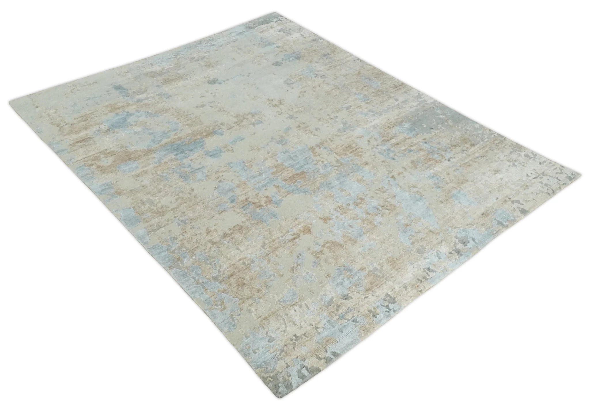 Premium look Hand knotted Silver and Blue modern Abstract wool and Silk Blended 7.10x9.6 Area Rug - Image 9