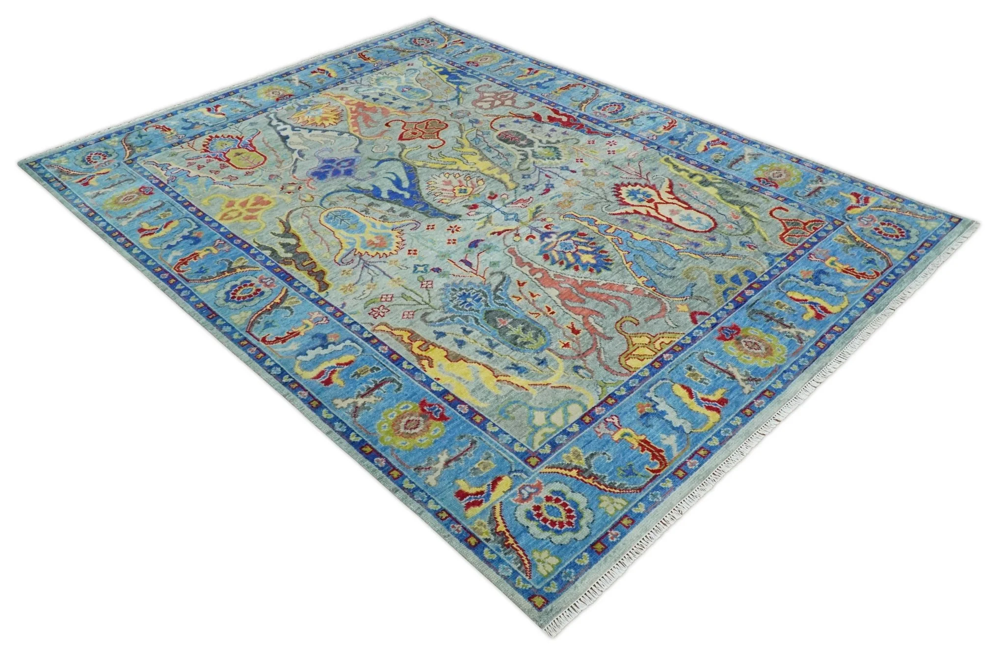 Traditional Silver and Blue Antique Style Colorful Hand knotted wool Area Rug - Image 10