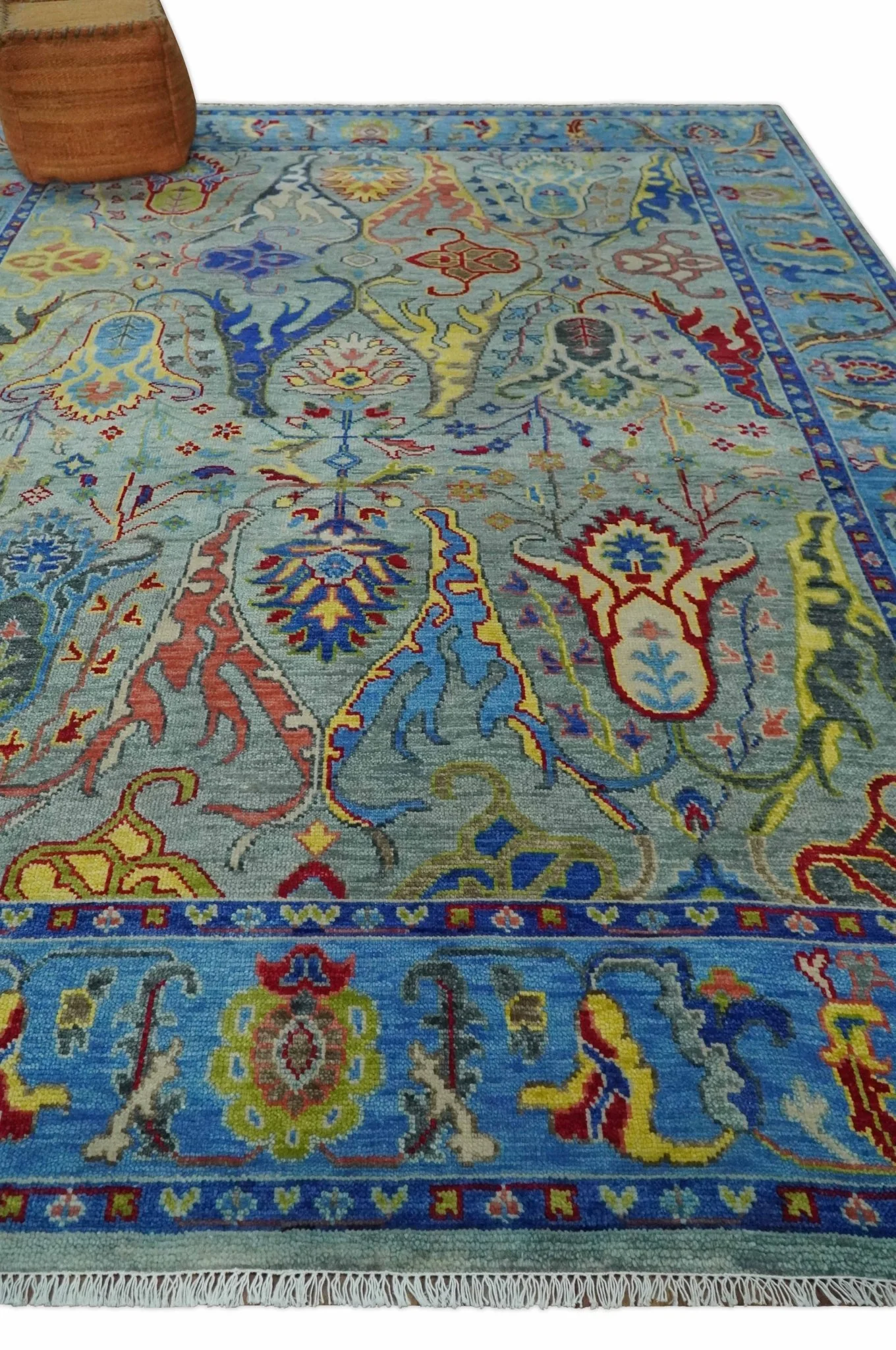 Traditional Silver and Blue Antique Style Colorful Hand knotted wool Area Rug - Image 3