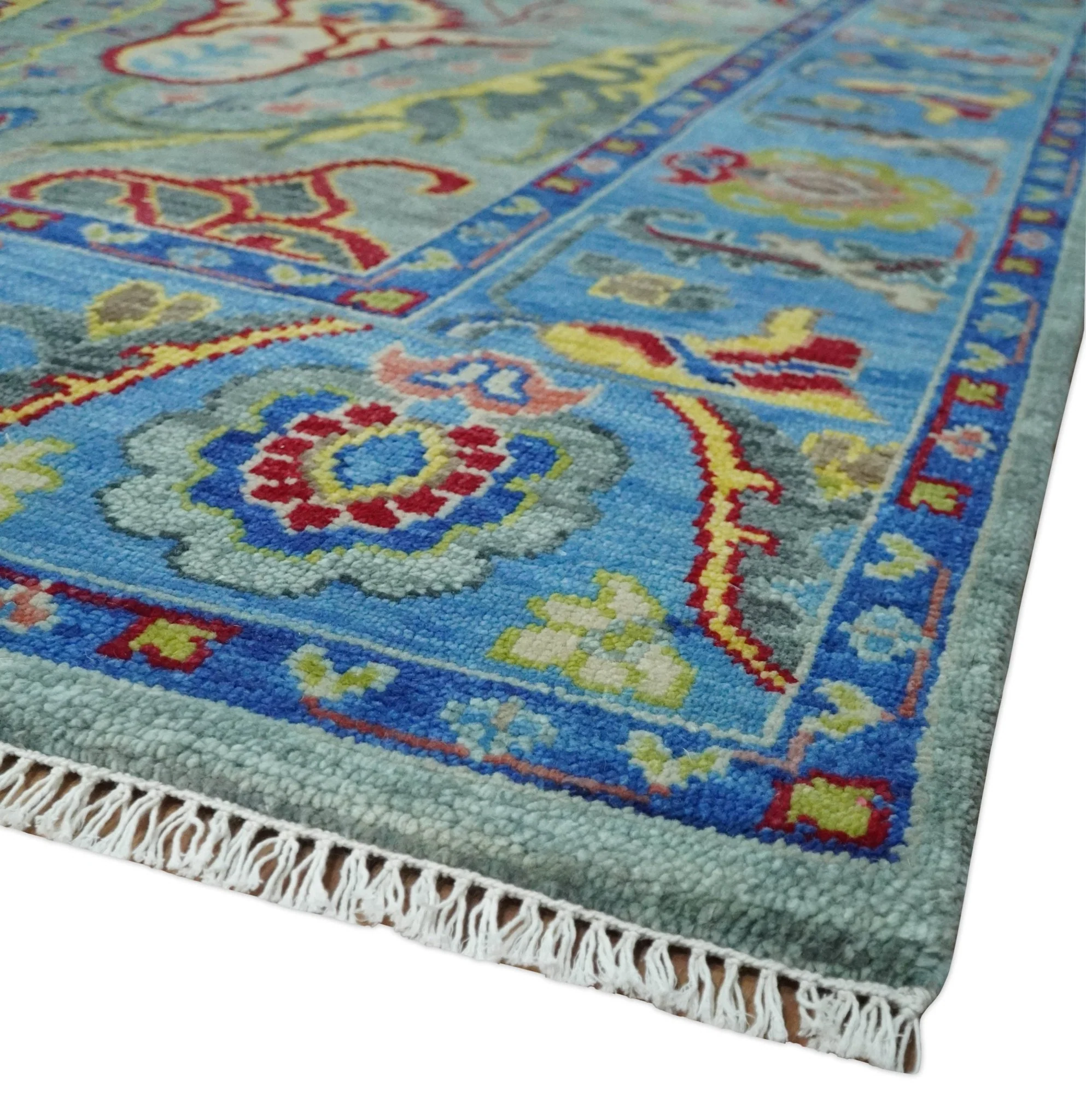 Traditional Silver and Blue Antique Style Colorful Hand knotted wool Area Rug - Image 5