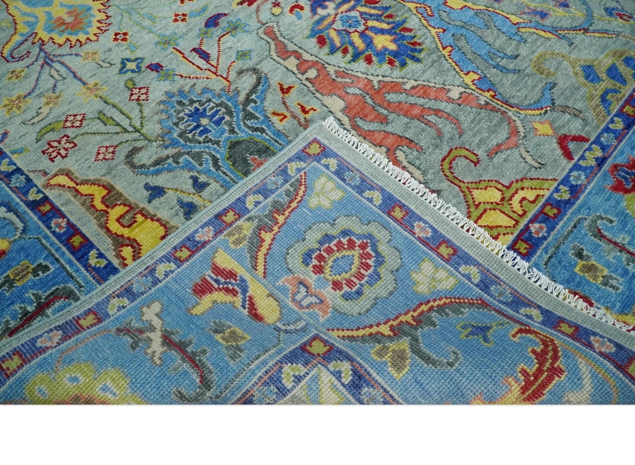 Traditional Silver and Blue Antique Style Colorful Hand knotted wool Area Rug - Image 7