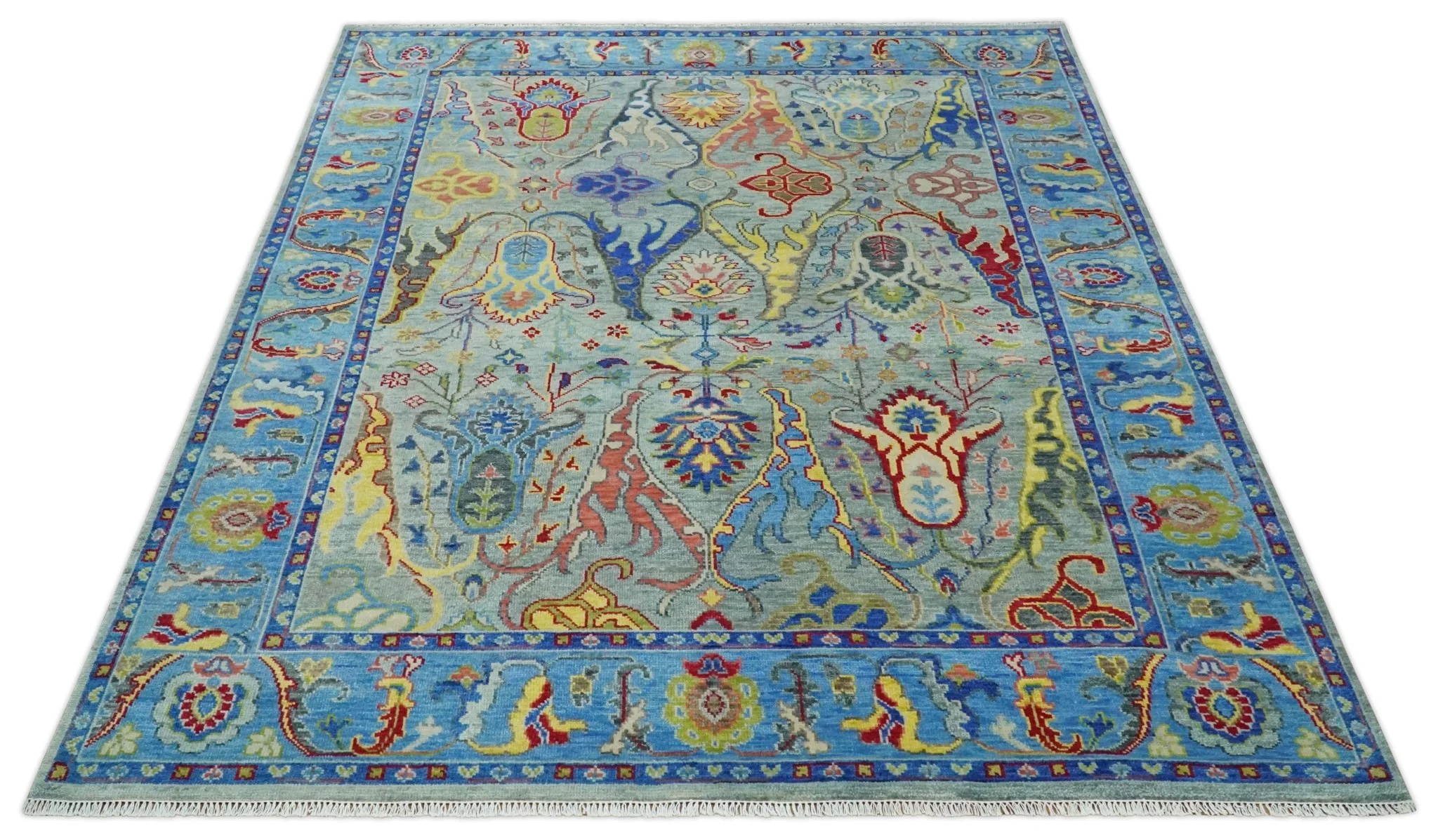 Traditional Silver and Blue Antique Style Colorful Hand knotted wool Area Rug - Image 9