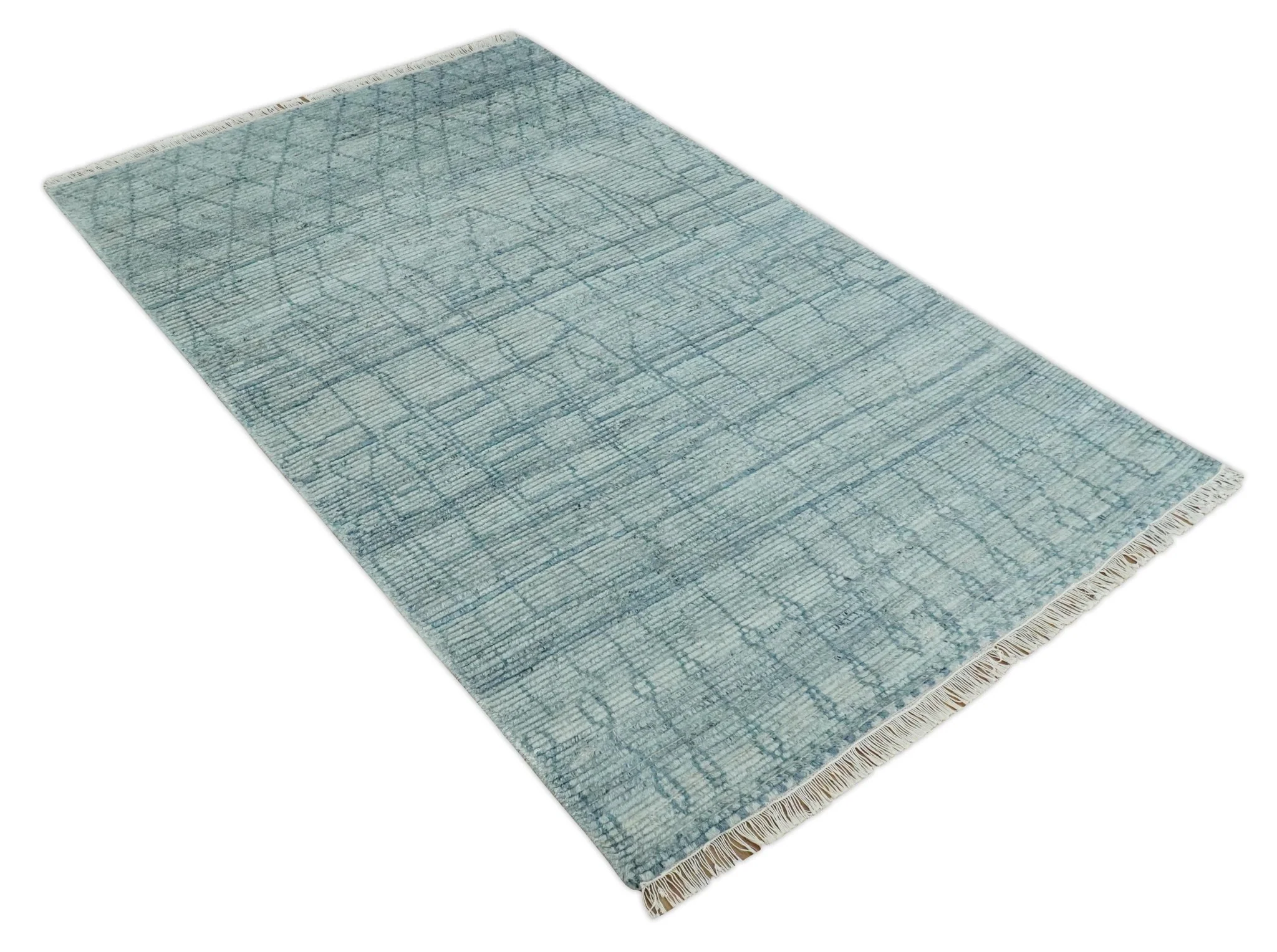 Hand Knotted Silver and Blue Modern Trellis Moroccan Rug Made with Blended Wool Multi Size Rug - Image 10