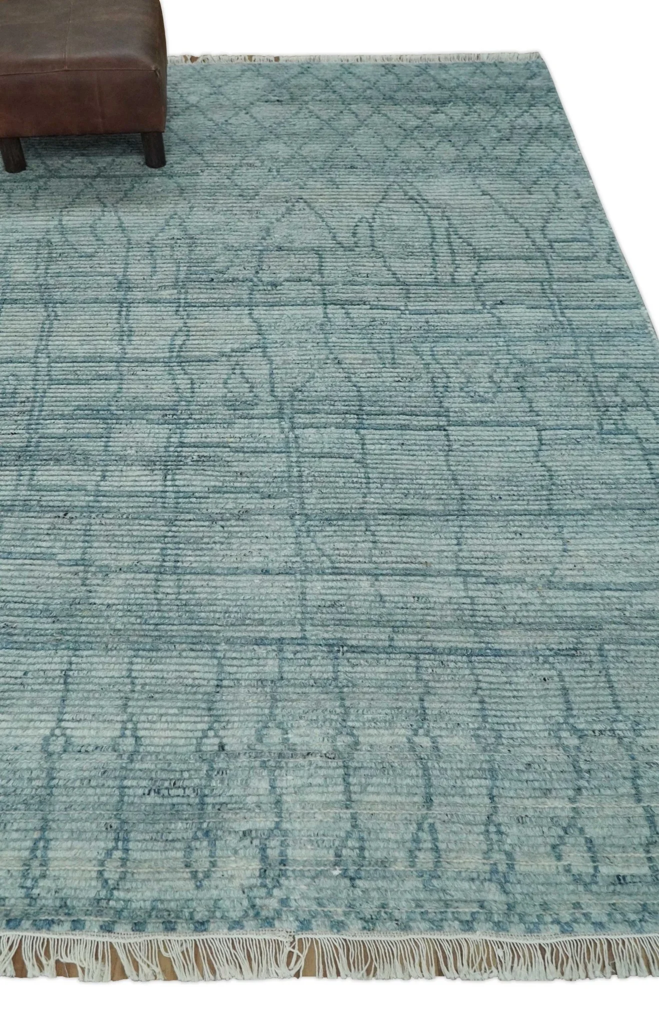 Hand Knotted Silver and Blue Modern Trellis Moroccan Rug Made with Blended Wool Multi Size Rug - Image 3