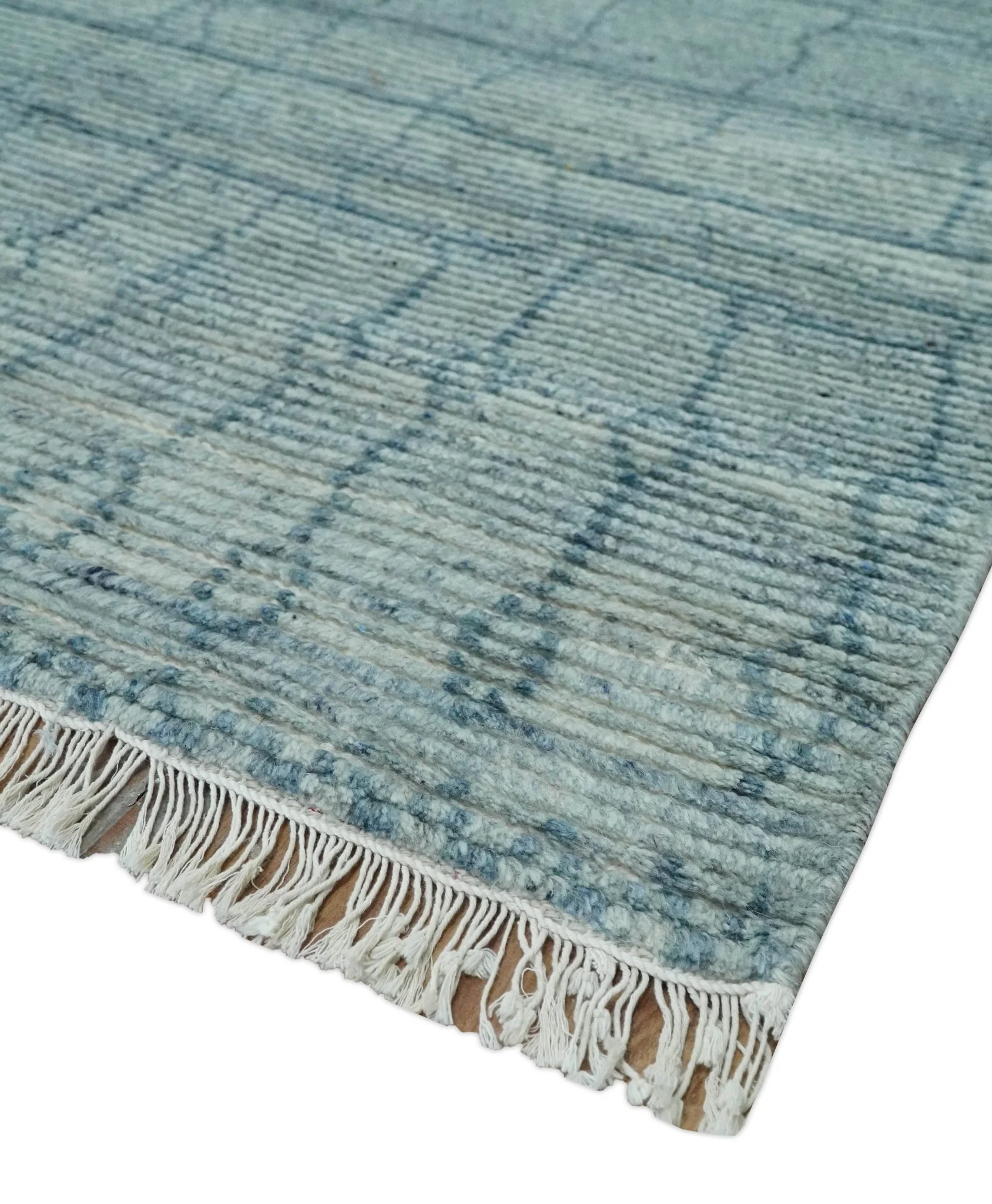 Hand Knotted Silver and Blue Modern Trellis Moroccan Rug Made with Blended Wool Multi Size Rug - Image 5