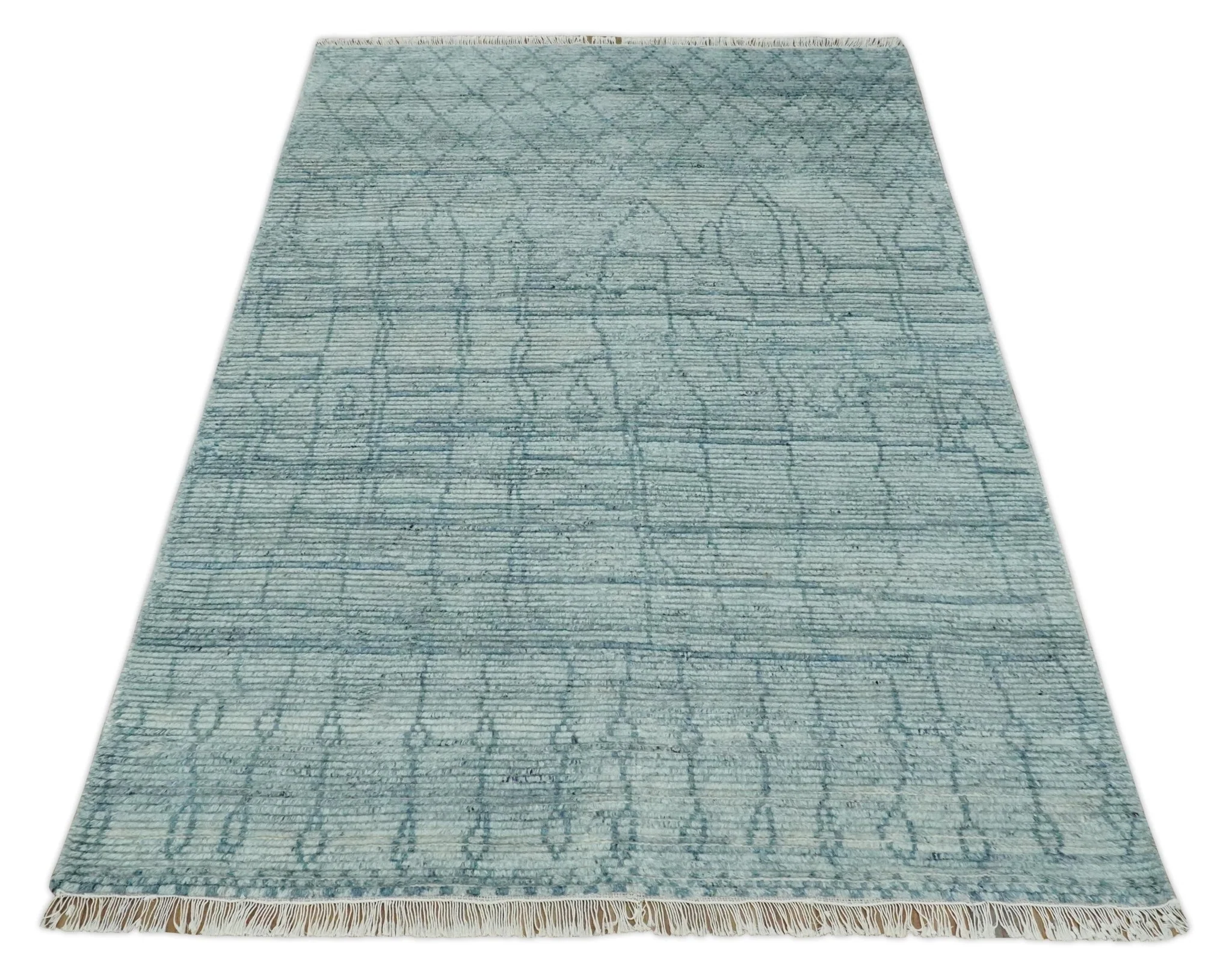 Hand Knotted Silver and Blue Modern Trellis Moroccan Rug Made with Blended Wool Multi Size Rug - Image 9