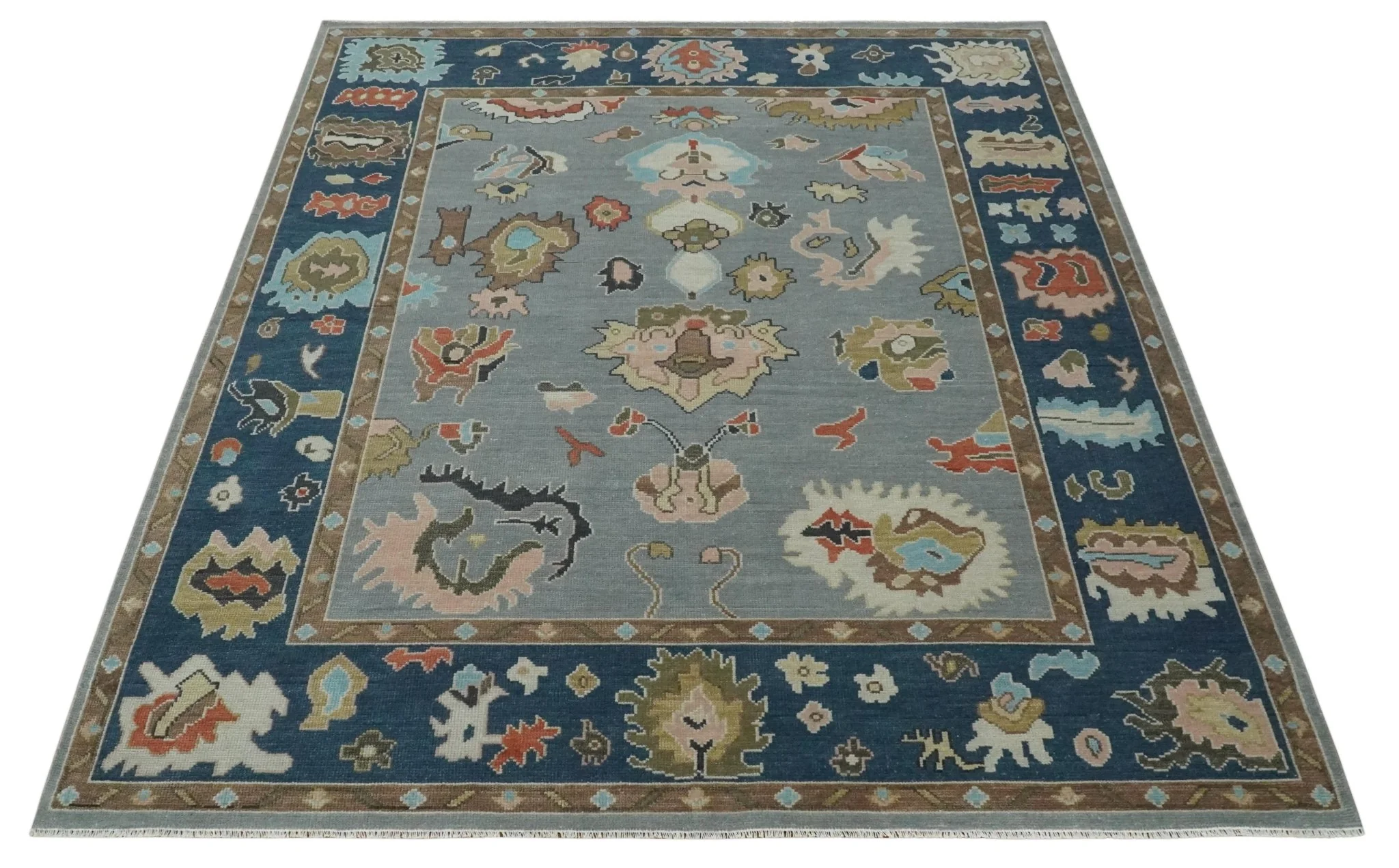 Custom Made Hand Knotted Silver and Blue Colorful Traditional Oushak Wool Area Rug - Image 10