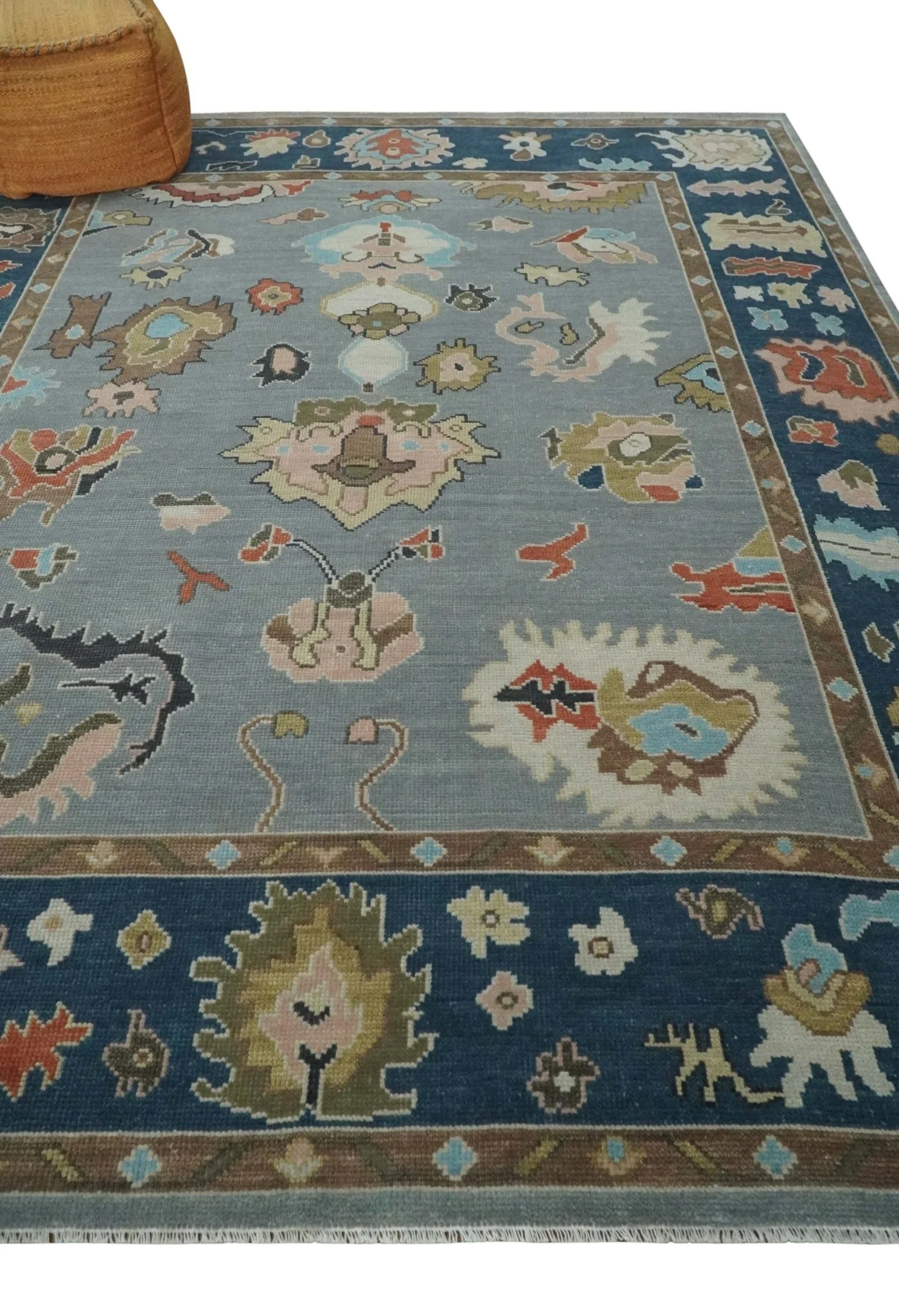 Custom Made Hand Knotted Silver and Blue Colorful Traditional Oushak Wool Area Rug - Image 3