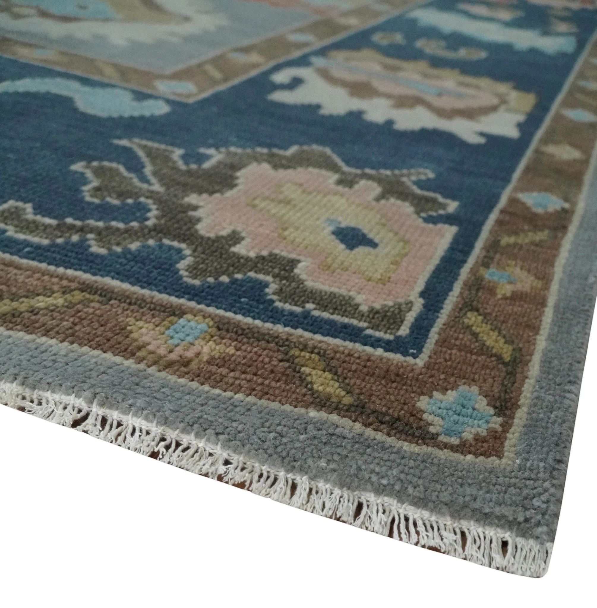 Custom Made Hand Knotted Silver and Blue Colorful Traditional Oushak Wool Area Rug - Image 5
