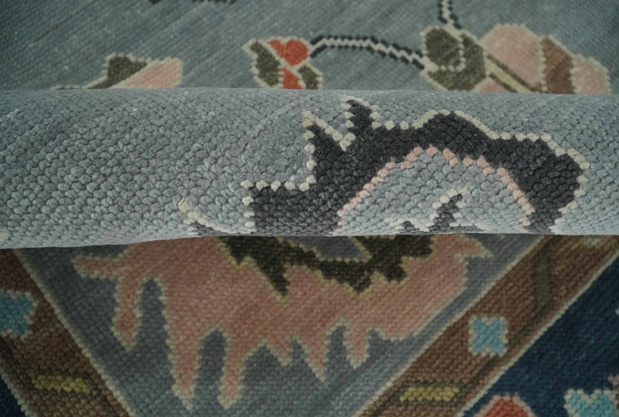 Custom Made Hand Knotted Silver and Blue Colorful Traditional Oushak Wool Area Rug - Image 6