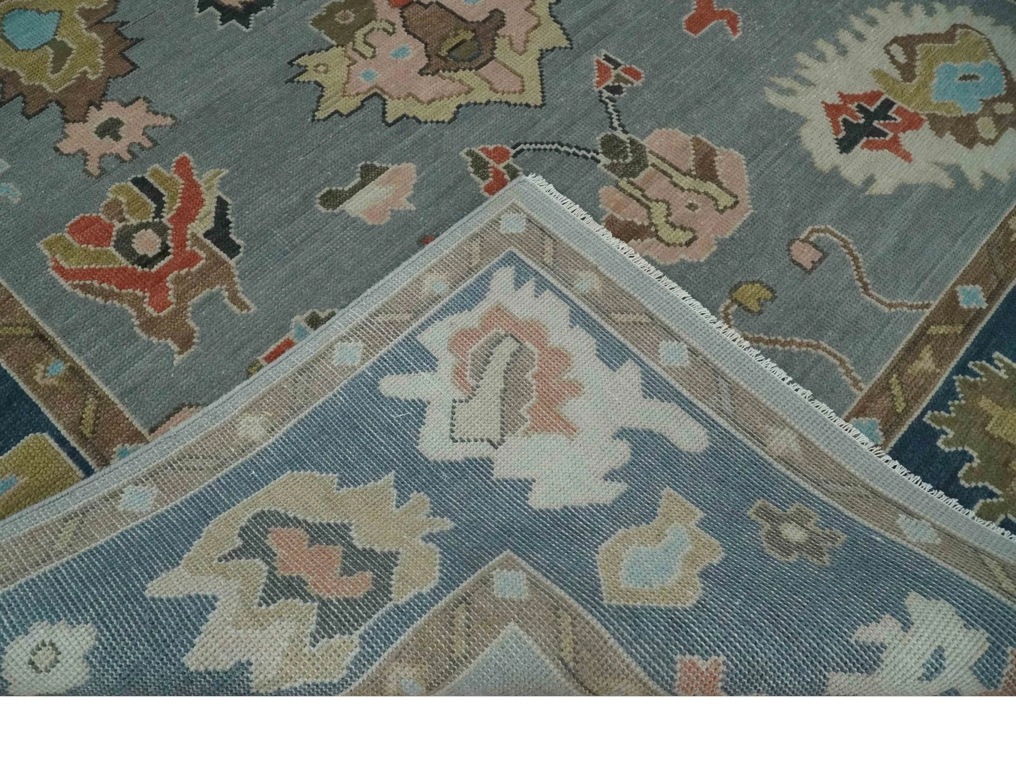 Custom Made Hand Knotted Silver and Blue Colorful Traditional Oushak Wool Area Rug - Image 7