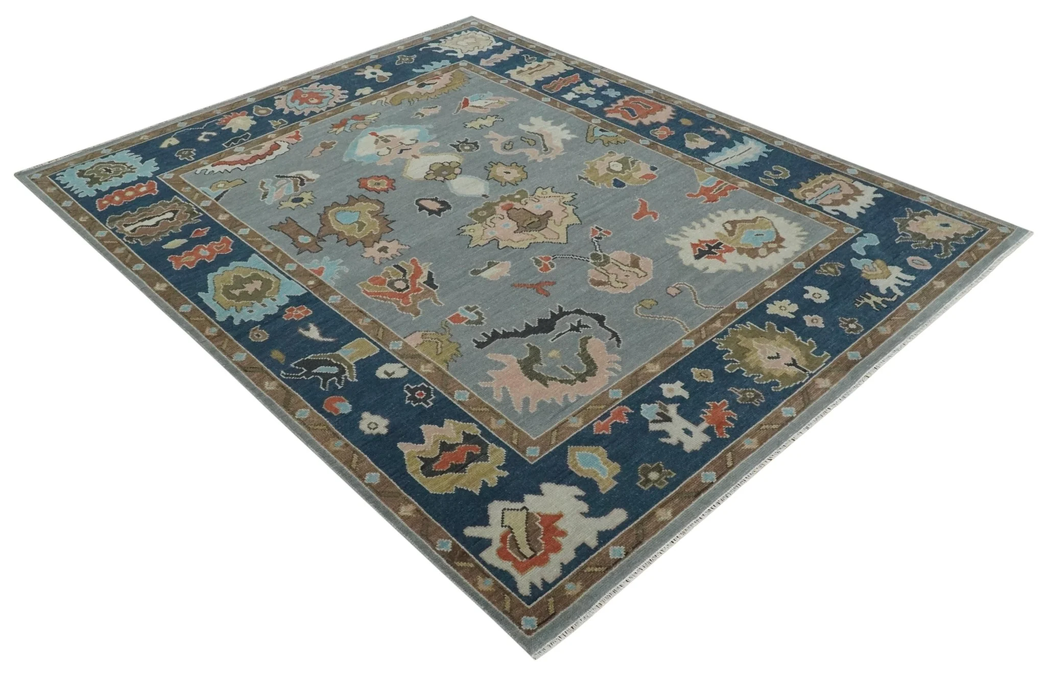 Custom Made Hand Knotted Silver and Blue Colorful Traditional Oushak Wool Area Rug - Image 9