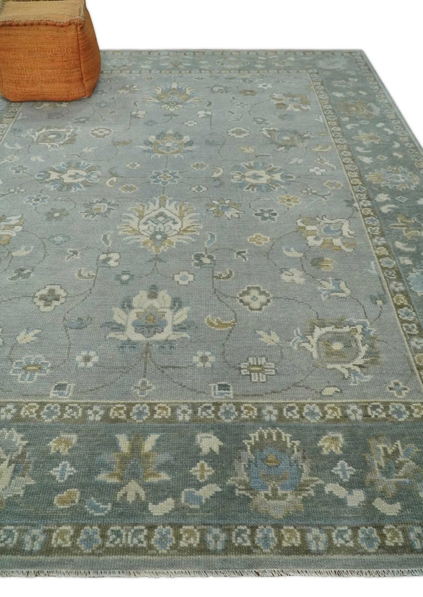 Silver and Brown Antique Traditional Floral Oushak wool area Rug - Image 3