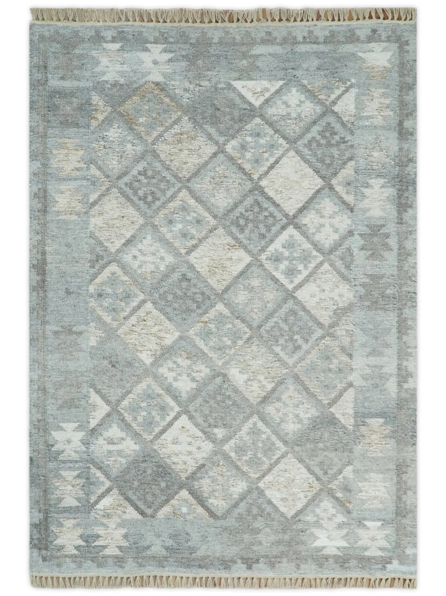 Silver and Brown Kilim Rug made with Fine wool and Viscose | SE3 - Image 9