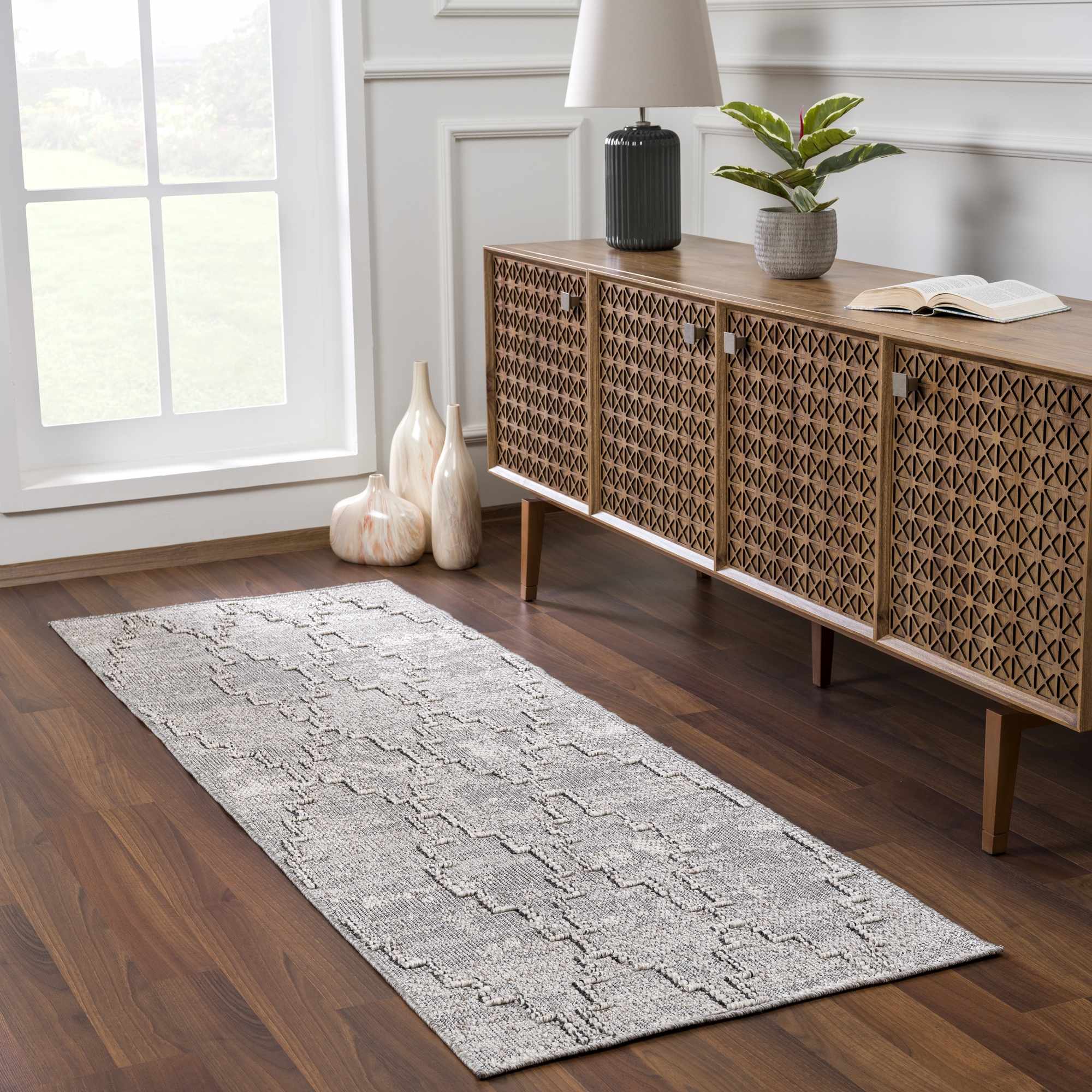 Silver and Charcoal Geometrical Flatwoven Outdoor Safe Area Rug - Image 4