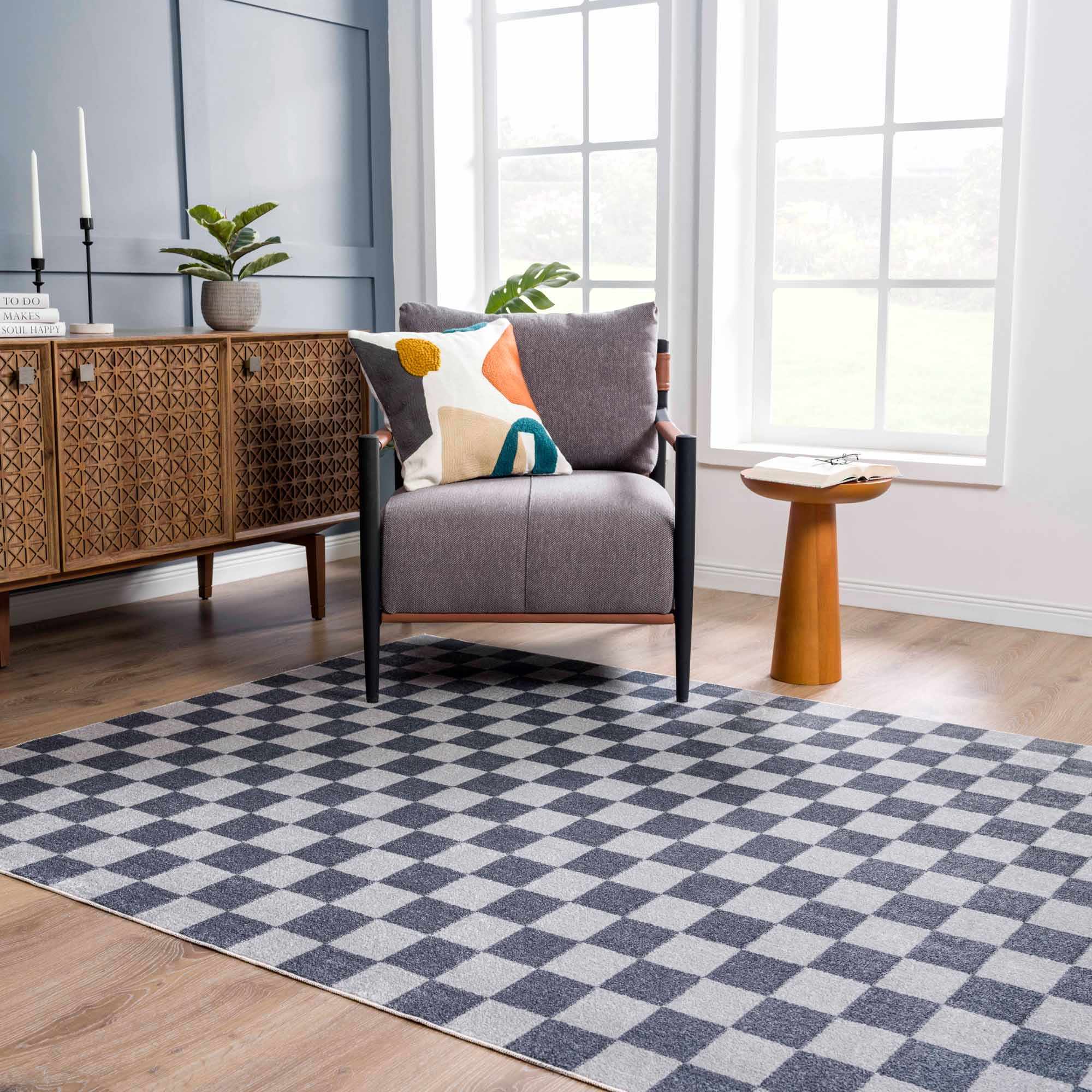Silver and Charcoal Modern Checkered Pattern Washable Area Rug - Image 16