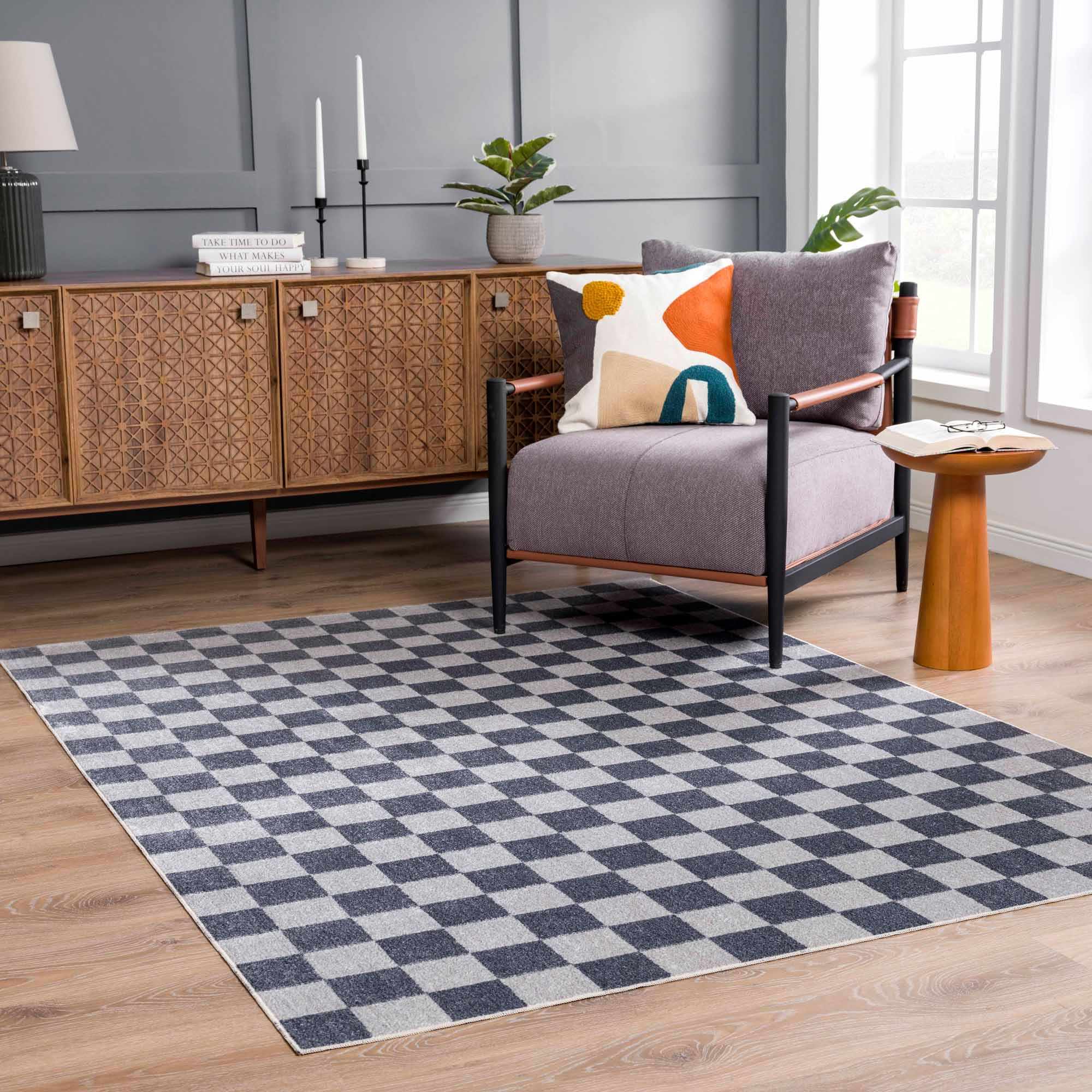 Silver and Charcoal Modern Checkered Pattern Washable Area Rug - Image 3