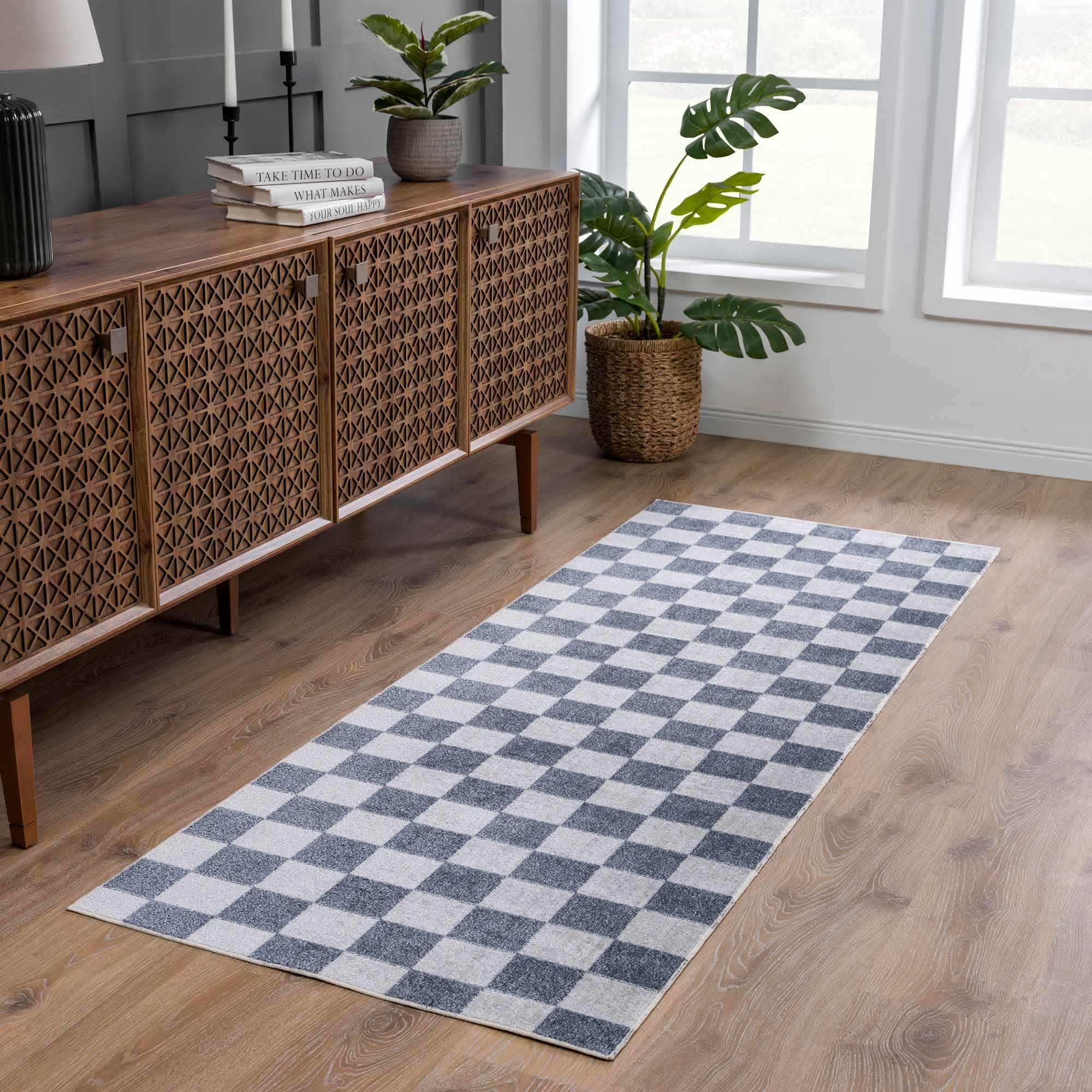 Silver and Charcoal Modern Checkered Pattern Washable Area Rug - Image 4