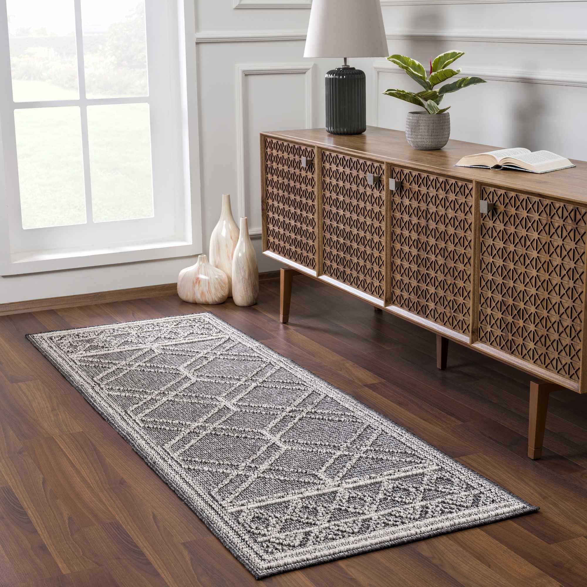 Silver and Charcoal Modern Geometrical Texture Outdoor Safe Area Rug - Image 5