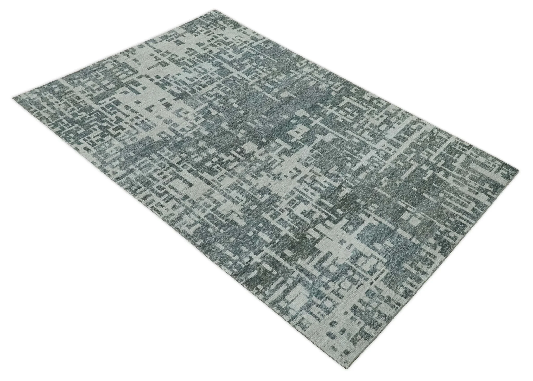 Hand Knotted Silver and Gray 5x8 Modern Abstract Contemporary Recycled Silk Area Rug - Image 10