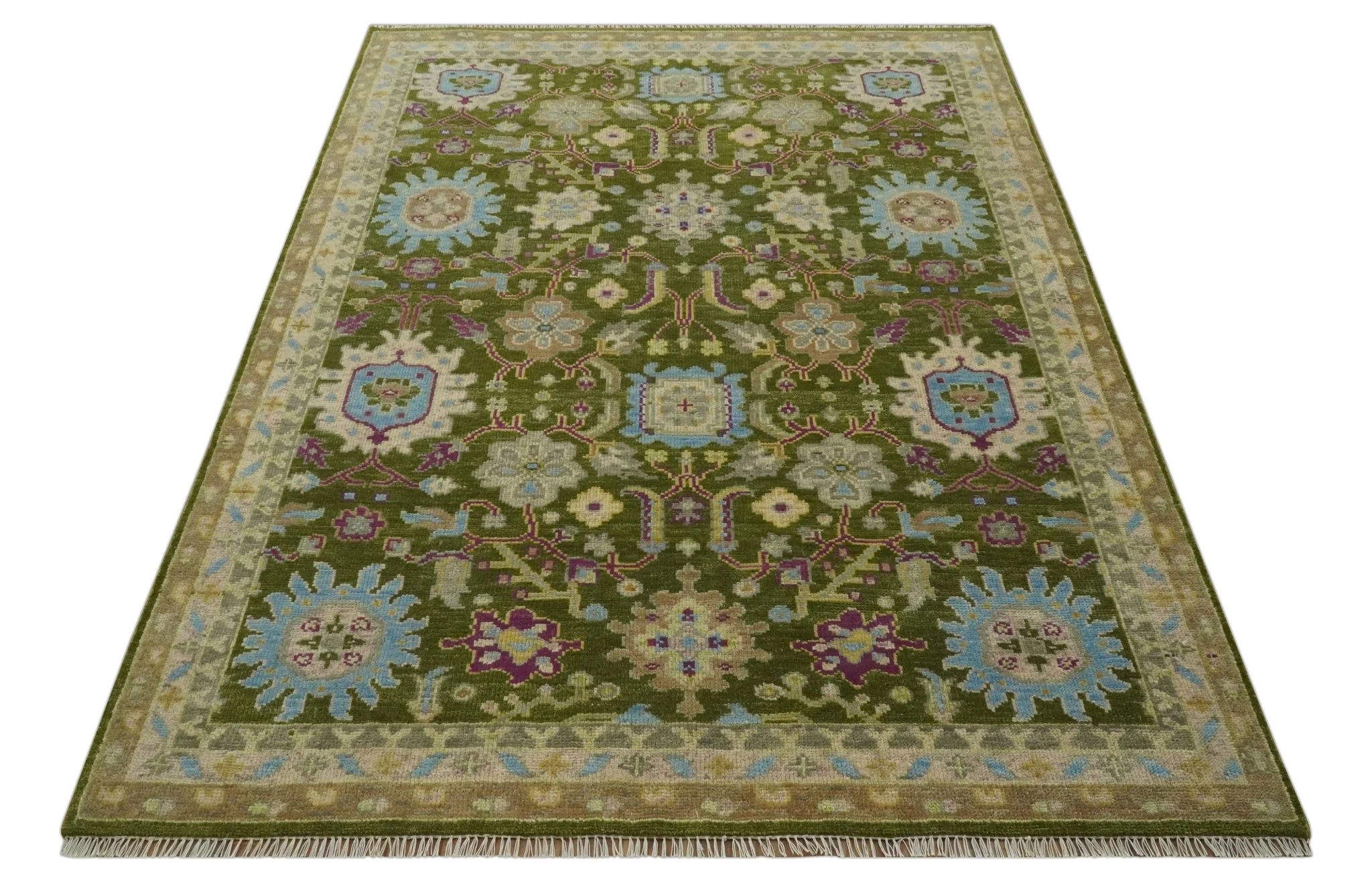 Custom Made Green, Beige and Purple Hand Knotted Traditional Oushak wool area rug - Image 10