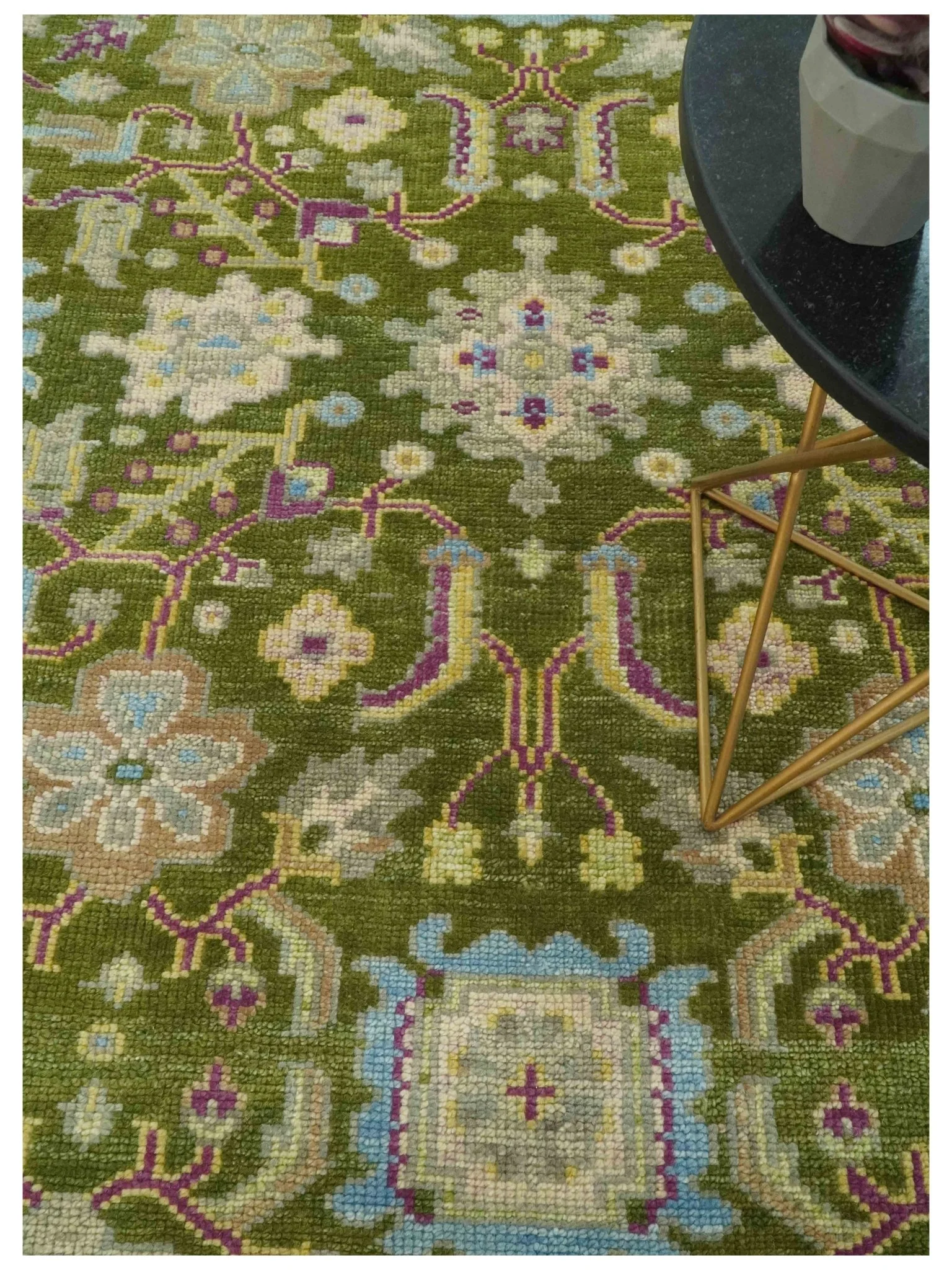 Custom Made Green, Beige and Purple Hand Knotted Traditional Oushak wool area rug - Image 2