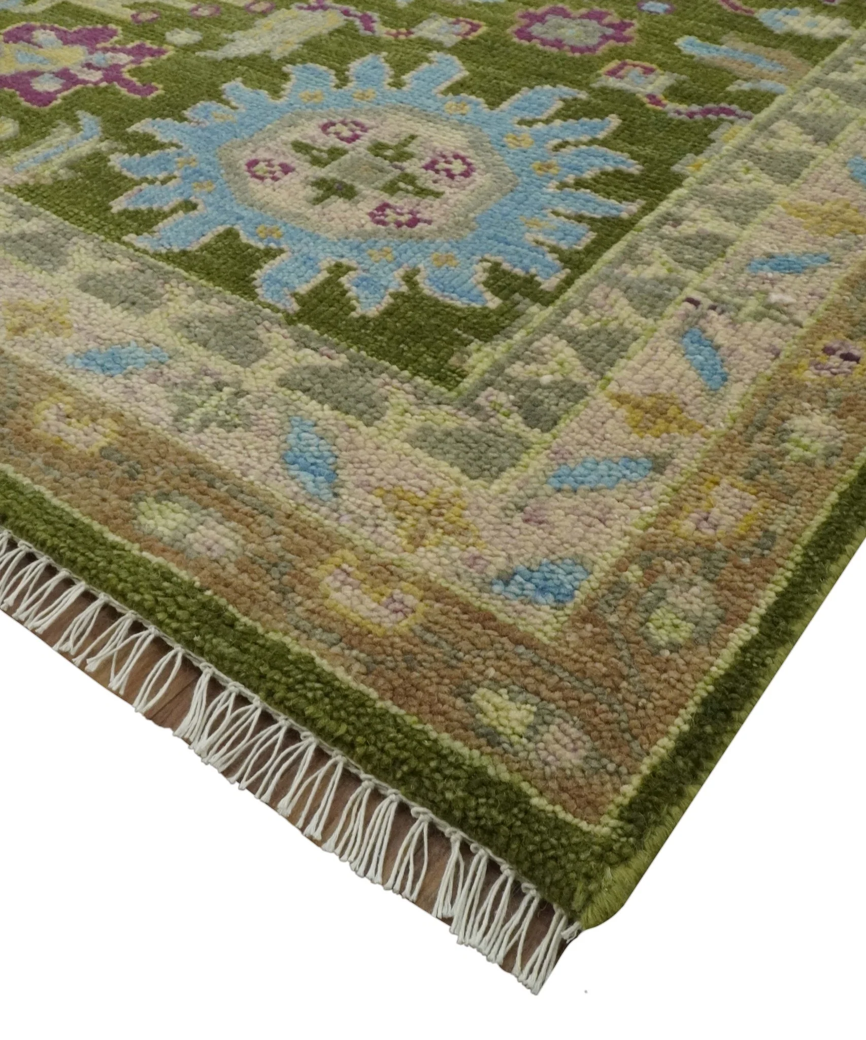 Custom Made Green, Beige and Purple Hand Knotted Traditional Oushak wool area rug - Image 5