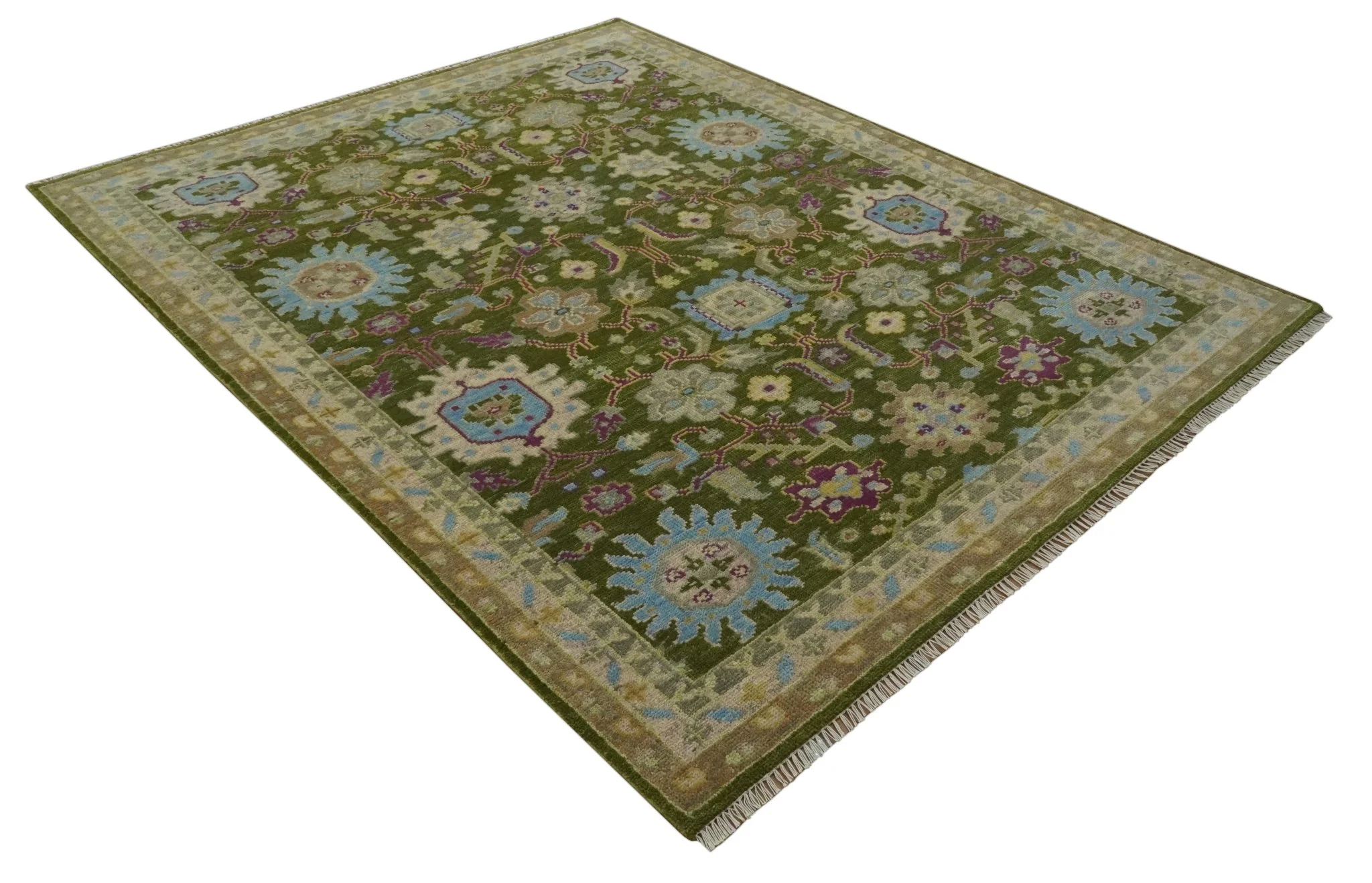 Custom Made Green, Beige and Purple Hand Knotted Traditional Oushak wool area rug - Image 9