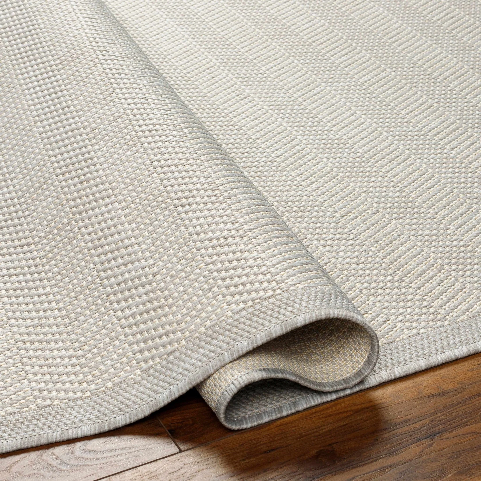 Silver And Ivory Contemporary Chevron Pattern Machine Woven Indoor/Outdoor Rug - Image 2