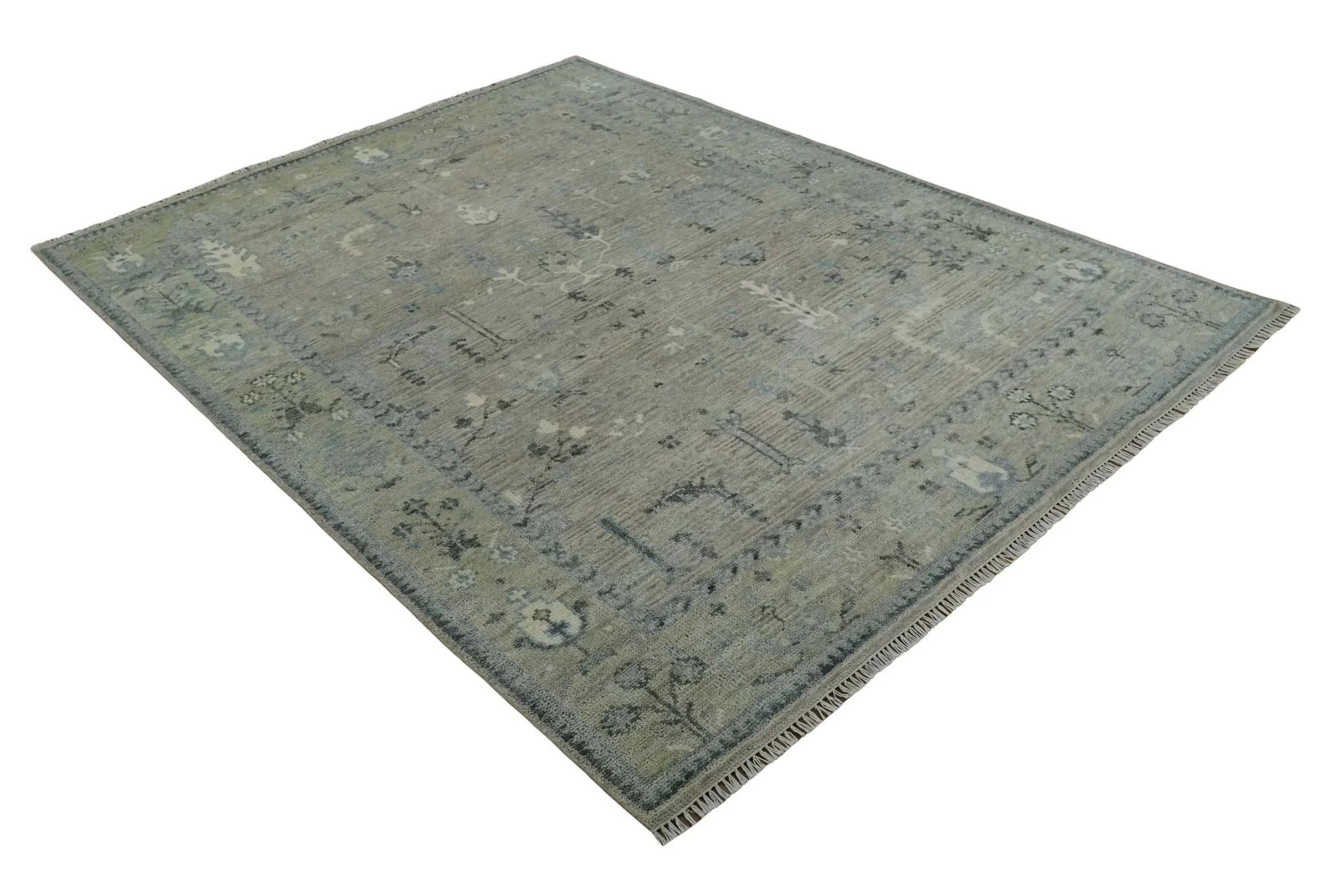 Silver and Olive 8x10 Antique Hand Knotted Turkish Design Area Rug - Image 9